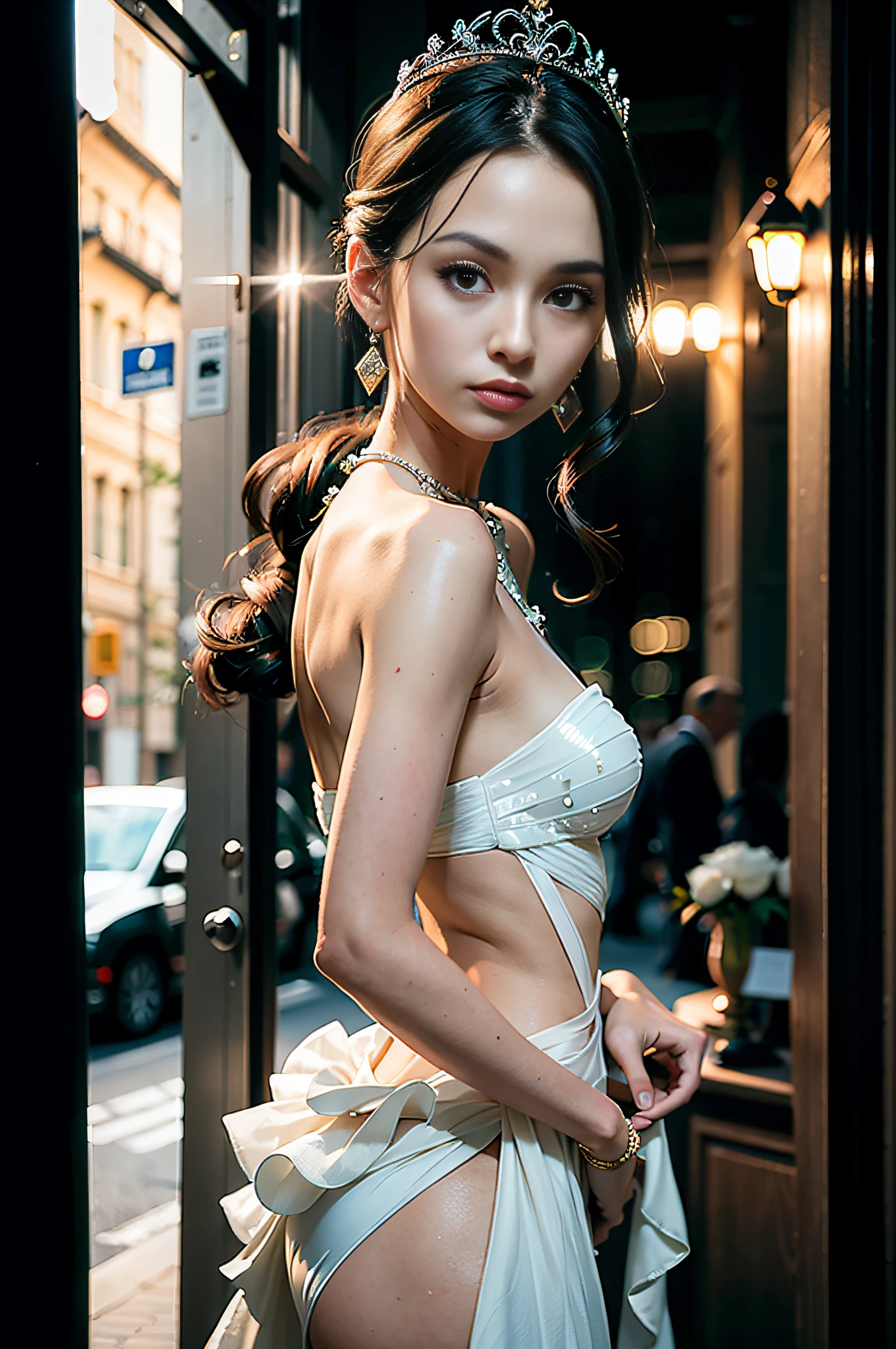 ((addielyn)), random posture, (very delicate and beautiful work), (masterpiece), one girl, very detailed elegant wedding dress, tiara, highly detailed, distorted ponytail, attractive expression, beautiful clear eyes, green pupils, delicate necklace, delicate earrings, simple blurred background, description of extreme details, beautiful, attractive, ultra-fine painting, delicate face, delicate figure, thin collarbone, beautiful lips, soft back figure, mix4, (8k, RAW photo, top quality, masterpiece: 1.2), (realistic, photorealistic: 1.37),1girl,cute,cityscape, night, rain, wet, professional lighting, photon mapping, radiosity, physically based rendering, Above the waist,