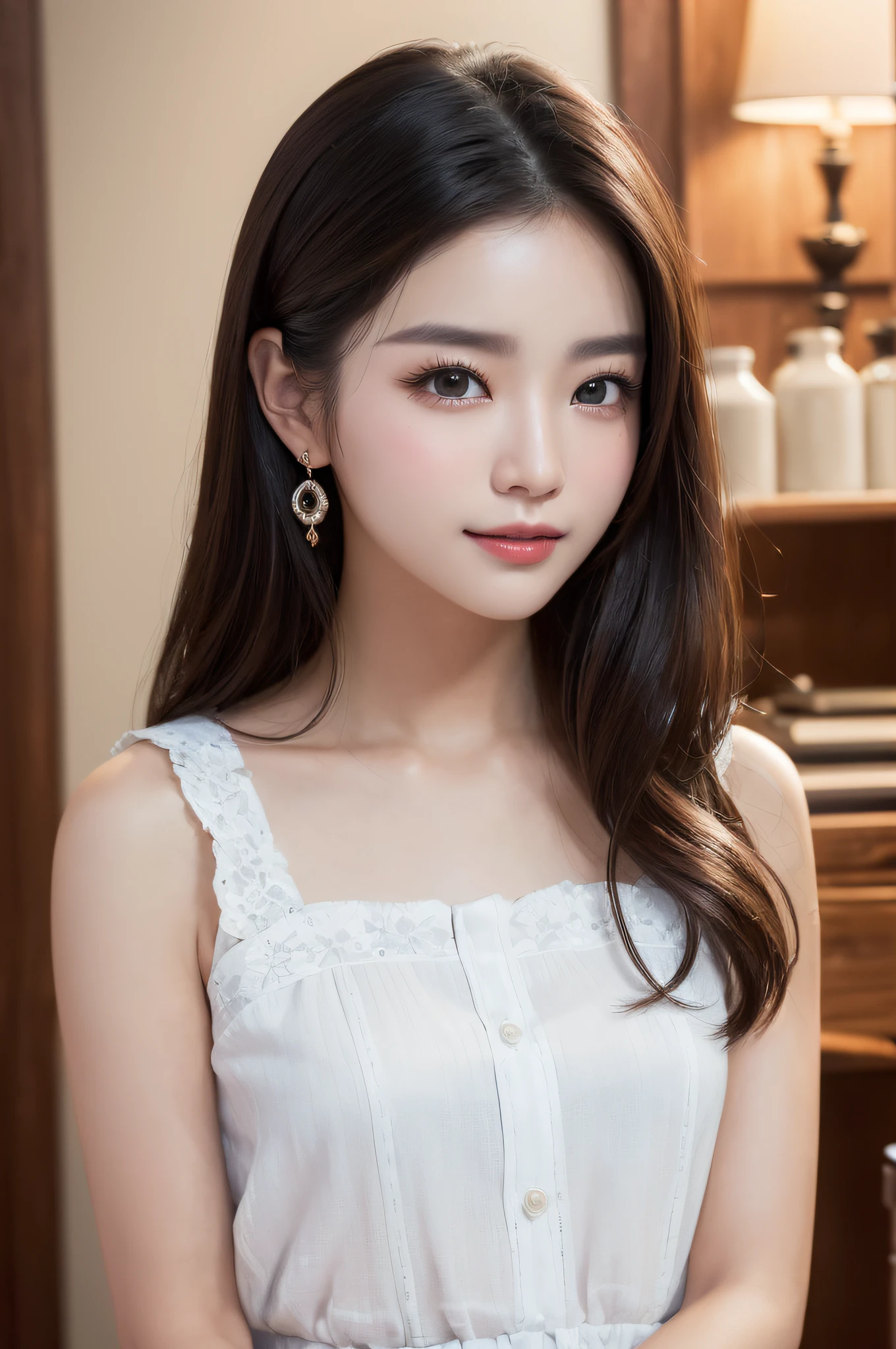 ((best qualtiy、8k masterpieces:1.3))、foco nítido:1.2、(ultra beautiful faces:1.0)、(shinny skin:1.0)、photos realistic、A dark-haired、Video Lighting、High-definition eyes and face、Video Lighting、(cowboy shot:1.3)、(Korean Cute Actress)、from the front side、medium large breasts、ssmile、Sleeveless、Wearing a white blouse