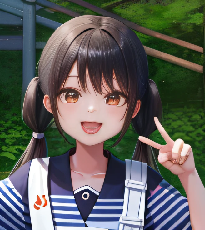 There was a young girl holding a banana,Make gestures of peace, a picture inspired by Tang Yifen, Tumblr, shin hanga, yanjun cheng, xintong chen, Chinese girl, xue han, Li Zixin, Ruan cute vtuber, jaeyeon nam, jinyiwei, with black pigtails, wenfei ye, xision wu,Happy mouth,Ruddy little mouth