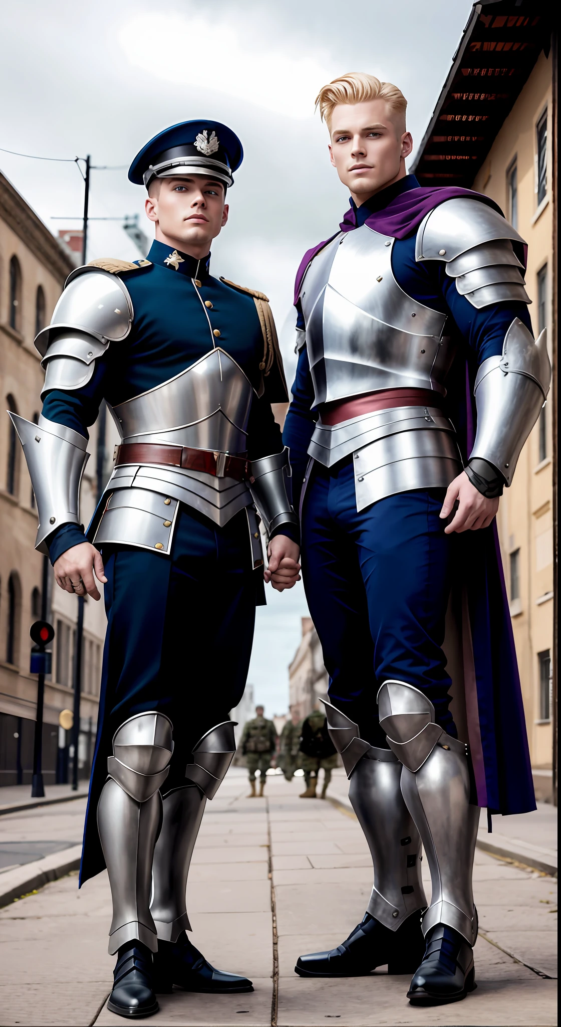 tmasterpiece, Best quality at best, 2 young men, A gay couple, Homosexuality, 2 Men, A red-haired person and another blonde person, Height difference, Different colors, apathy, Loves, Army scenery, Thick and messy hair,Gay,A man in a gorgeous military uniform,The other wears silver knight armor,Seductive feet