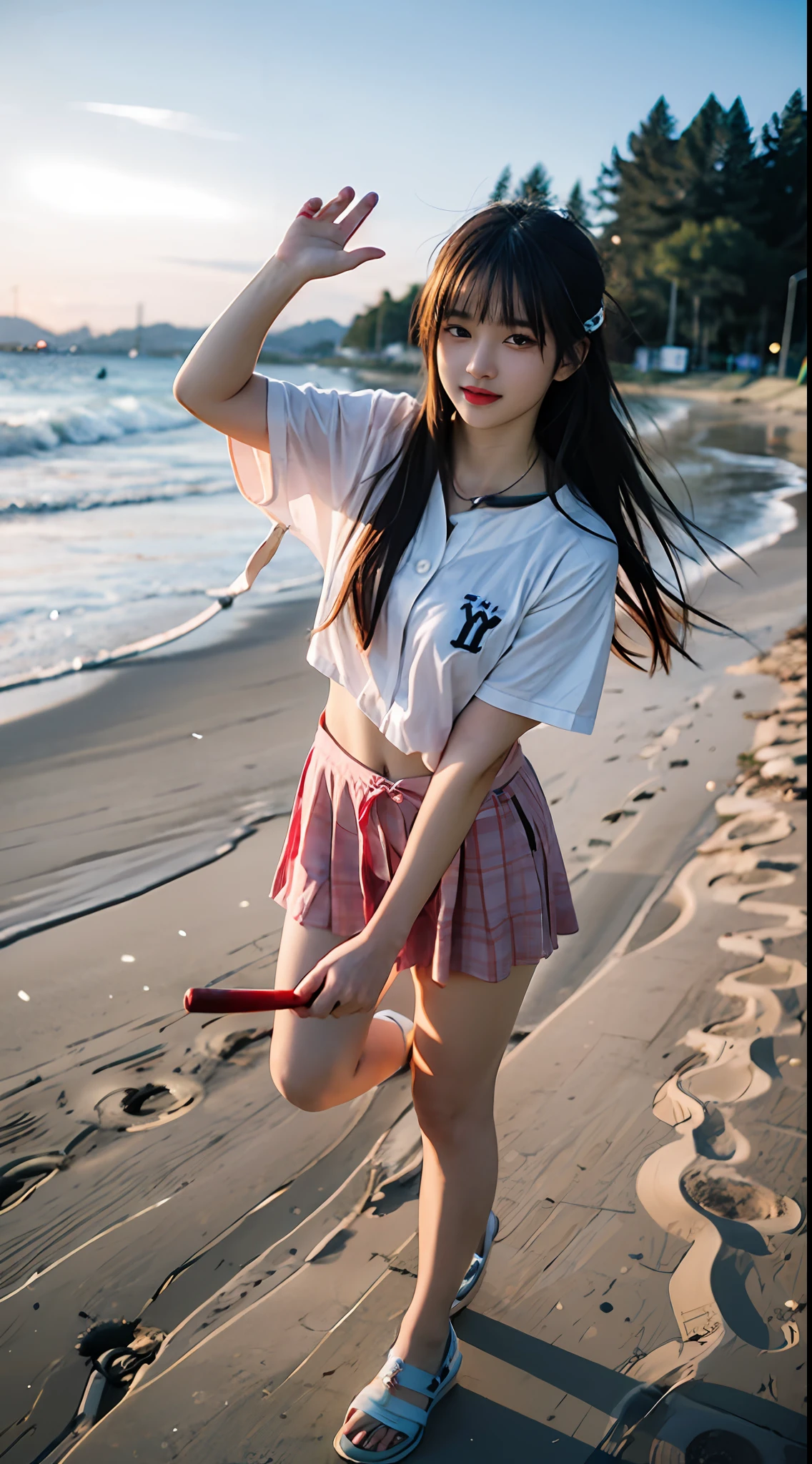 A beautiful blindfolded girl holds a baseball bat in both hands and waves it over her head, hitting a watermelon on the beach.