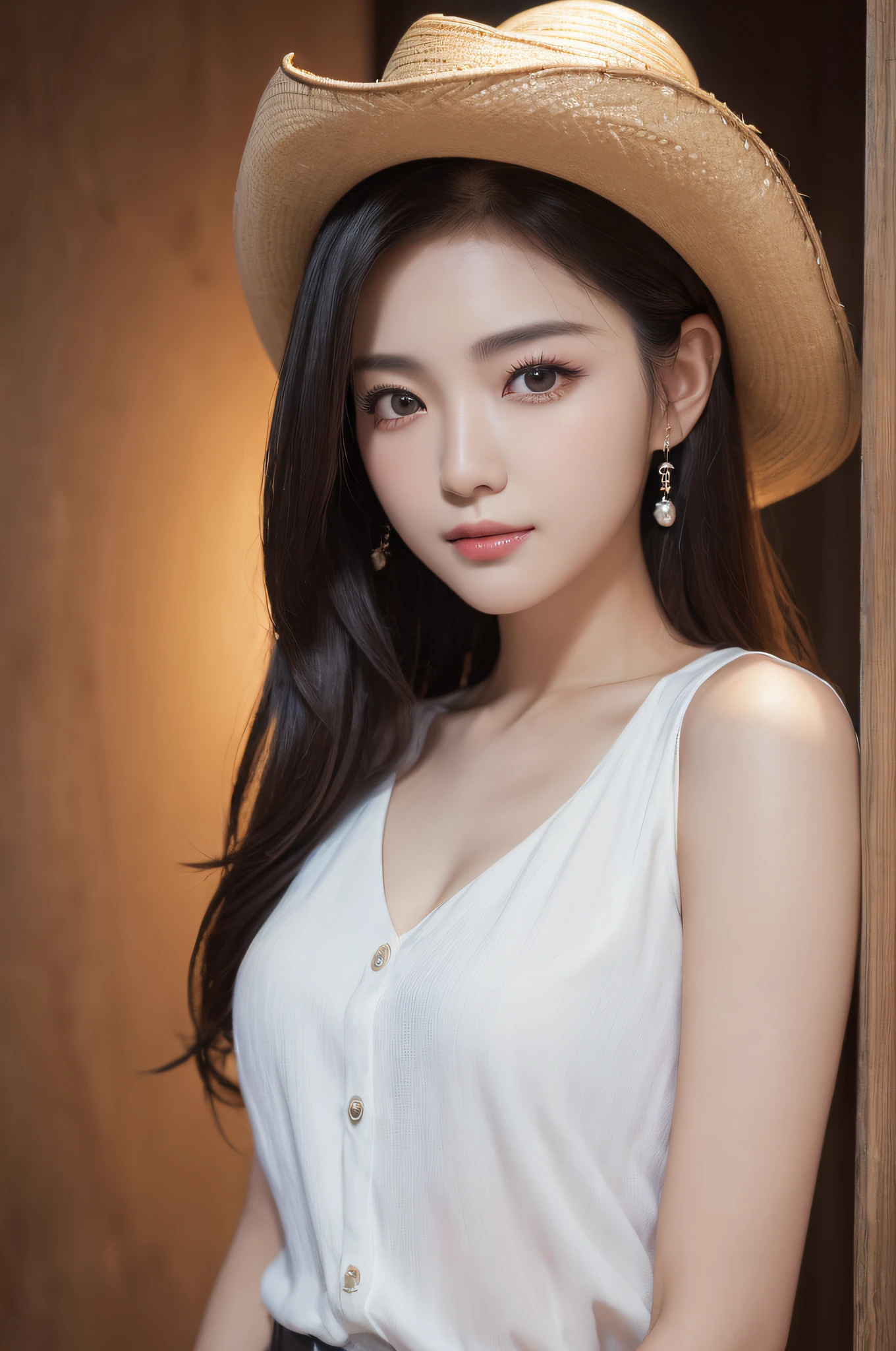 ((best qualtiy、8k masterpieces:1.3))、foco nítido:1.2、(ultra beautiful faces:1.0)、(shinny skin:1.0)、photos realistic、A dark-haired、Video Lighting、High-definition eyes and face、Video Lighting、(cowboy shot:1.3)、(Korean Cute Actress)、from the front side、ssmile、Sleeveless、Slender Abs Beauty、Wearing a white blouse
