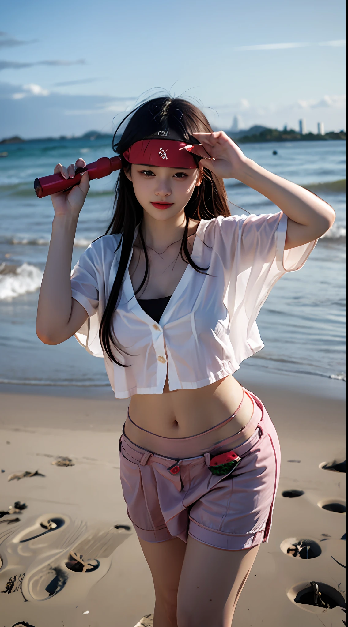 A beautiful blindfolded girl holds a baseball bat in both hands and waves it over her head, hitting a watermelon on the beach.