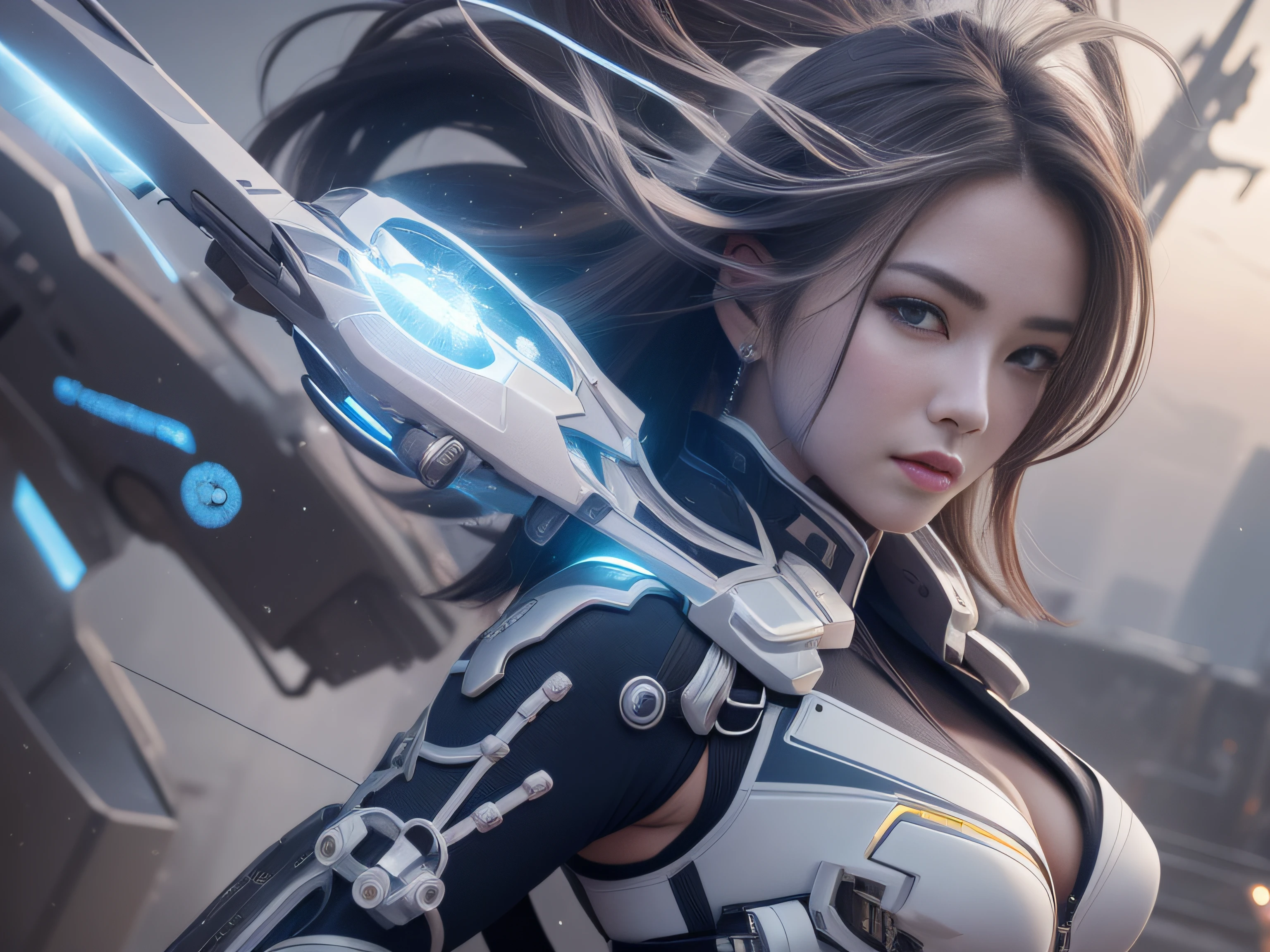 Highest image quality,Outstanding details,超高分辨率,(Fidelity:1.4), Favor the details,closeup cleavage,The background is a scene of a cosmic celestial body,High-tech dragon knight mech,He has a delicate and beautiful face,((Blue-white flying semi-mechanical fuselage:1.8)),high-tech weapon,Raised sexy,frontage,cyber punk perssonage,Futuristic,mechanically aesthetic,Virtual Engine 5,Perfect detail rendering,rendering by octane,hyper HD