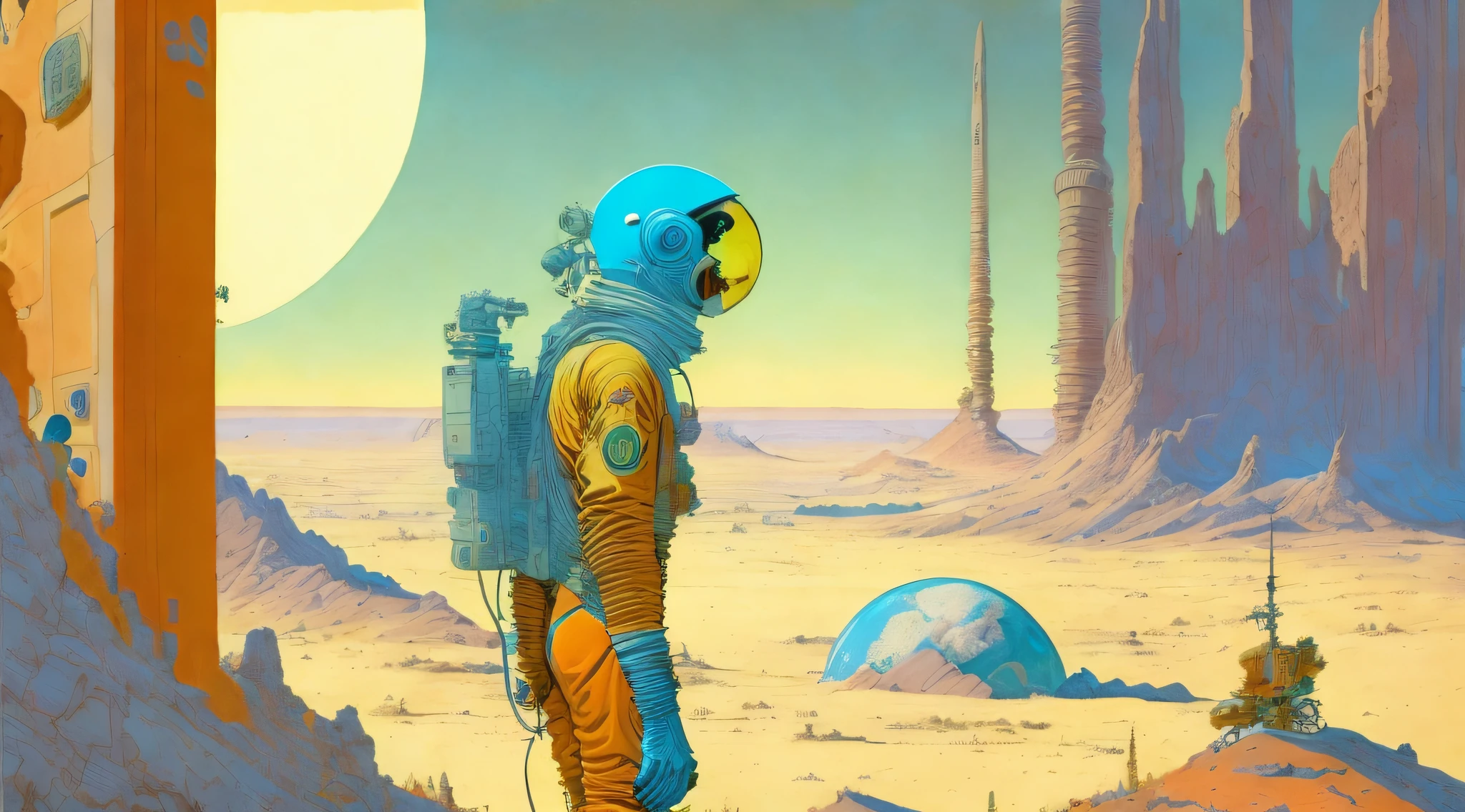 a painting of a Astronauts in Space Suit, investigating strange buildings, alien planet, ringed planet by Moebius Jean Giraud