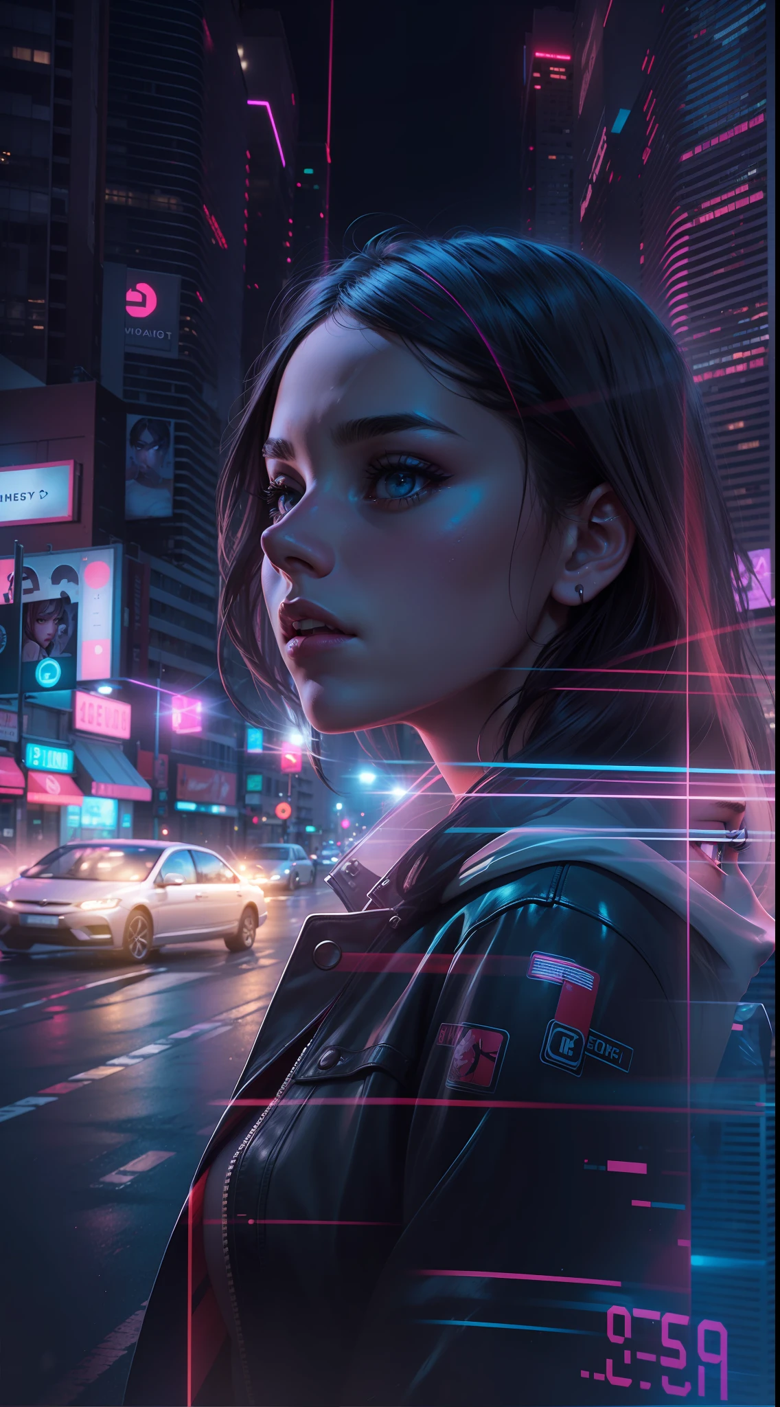 Double exposure of a face of an 18-year-old woman in a city landscape at night neon,8K Ultra realista