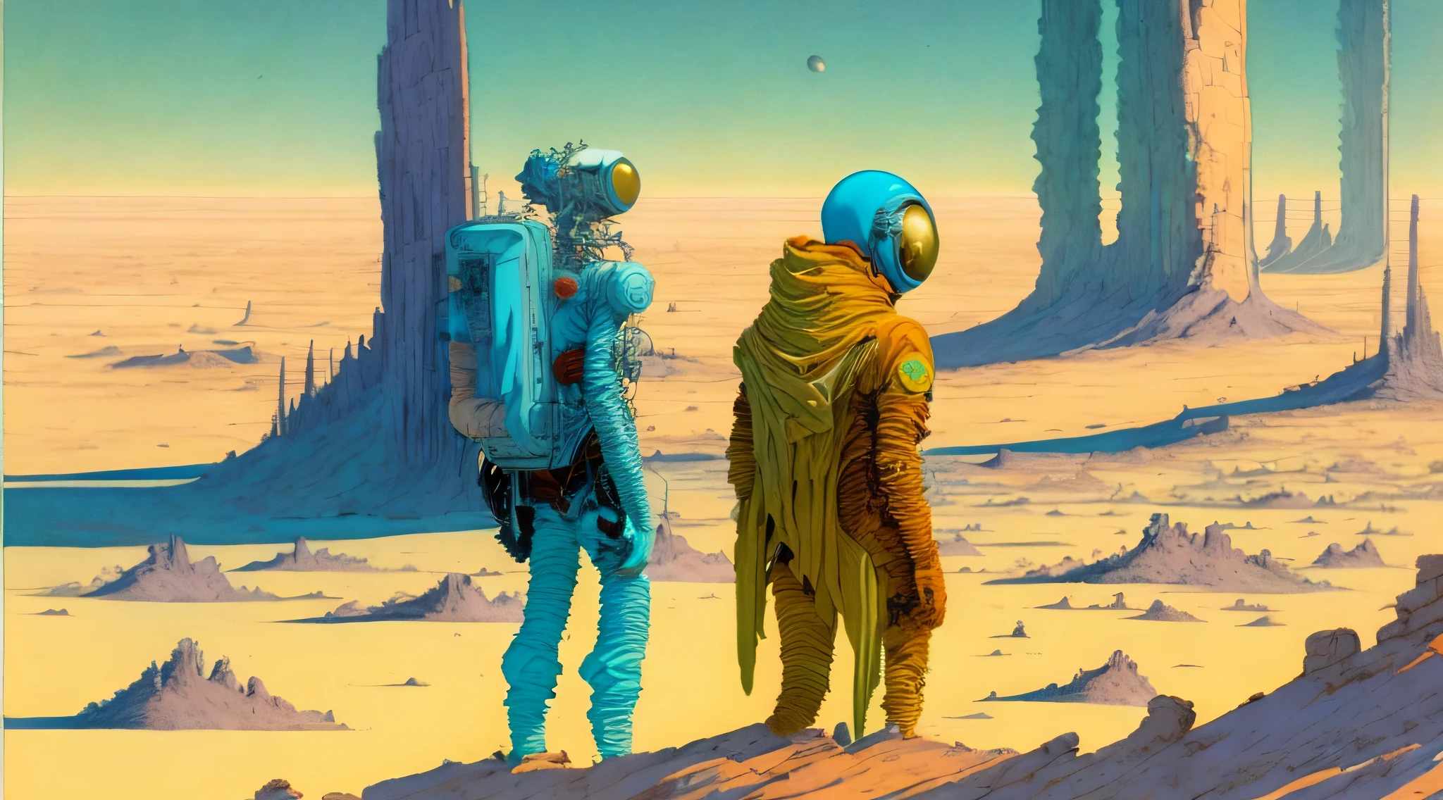 a painting of a Astronauts in Space Suit, investigating strange buildings, alien planet, ringed planet by Moebius Jean Giraud