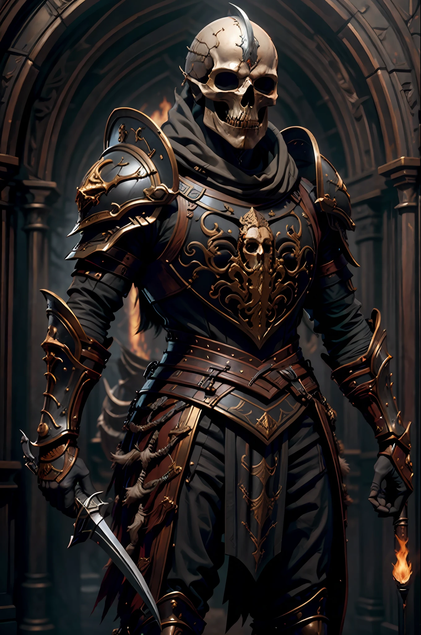 um cavaleiro esqueleto, His skull is of white bone and is on display, sem capacete, sem elmo, Ultra realista, usando armadura de placas brilhante preto andando em uma vila em chamas, He uses a sword in one hand and a shield in the other, (intrincado: 1.4) (obra-prima: 1.4) (illustration: 1.4), red studio lighting, Post-processing, 8K分辨率, fundo escuro, imponente , fotos meticulosamente compostas, impressionantes, fantasia sombria (Por Greg Rutkowski: 1.2), (por daarken: 1.5)&Quot;