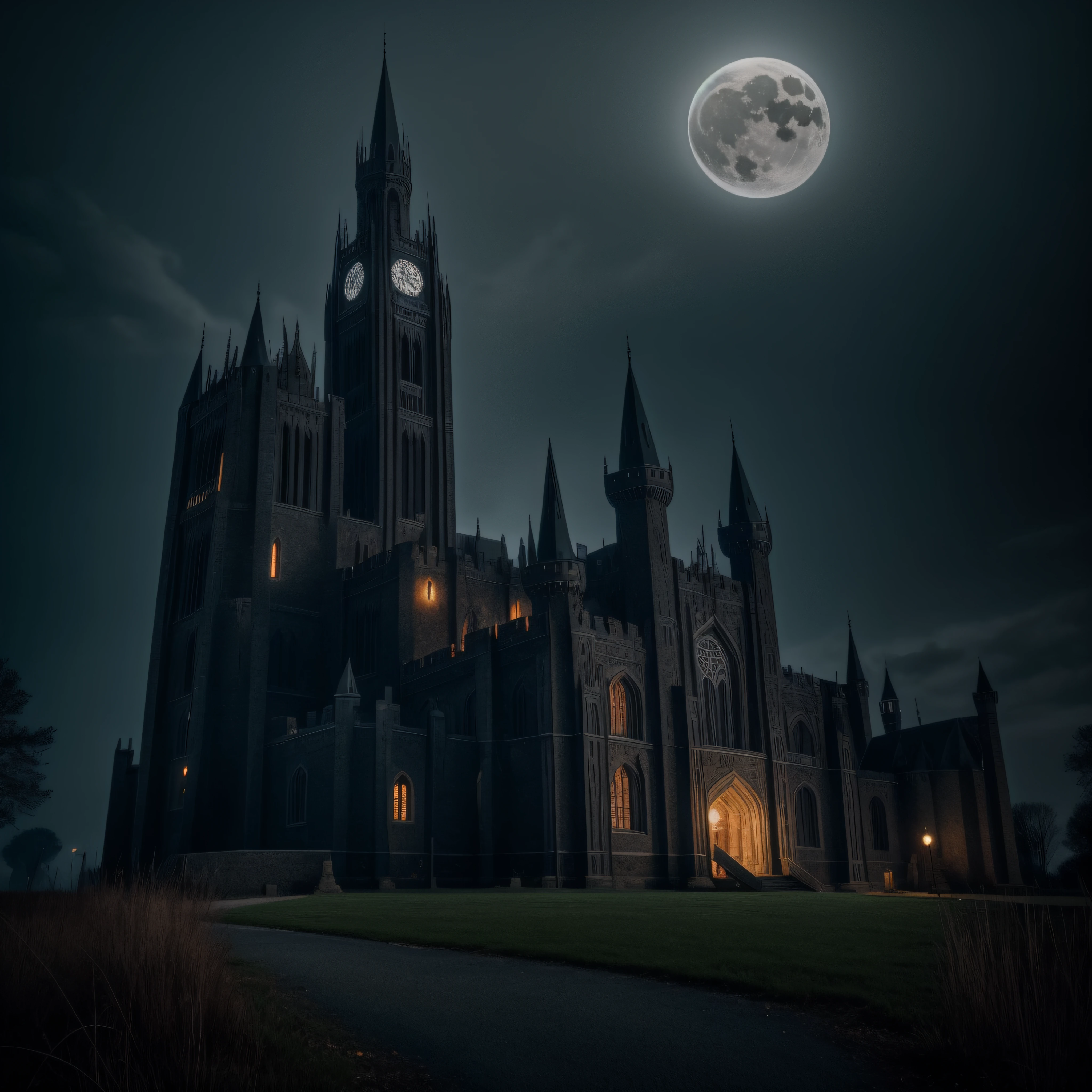 Big Dark age castle, gothic style, dark night, crescent moon, lightning, dark theme, ravens, Gotham city castle,BREAK,Detailed,Realistic,4k highly detailed digital art,octane render, bioluminescent, BREAK 8K resolution concept art, realism,by Mappa studios,masterpiece,best quality,official art,illustration,ligne claire,(dark_color),perfect composition,absurdres, fantasy,focused,rule of third, Fujicolor, f/2.8, 35mm, Canon, award winning, best quality, highres, 16k, masterpiece, ccurate, masterpiece