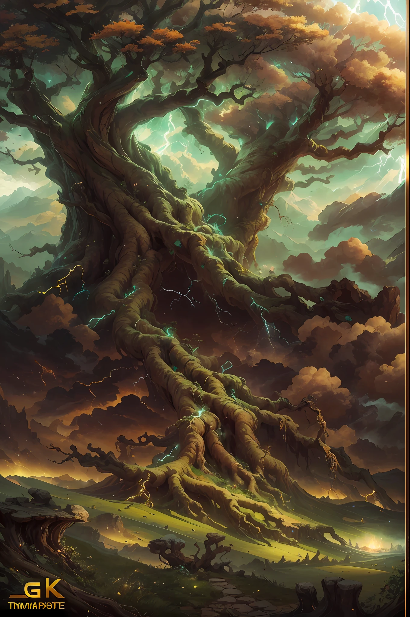 (tmasterpiece、best qualtiy)A huge ancient tree in the middle of a vast field(((The roots of the tree are covered with golden lightning)))、surrounded by cloud,(illustratio:1.0)、Epic composition、Realistic lighting details、high definition detail、high definition resolution,(非常详细的 CG 统一 8k 壁纸)