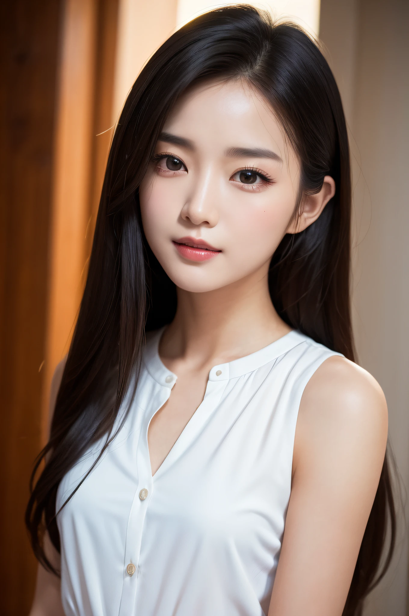 ((best qualtiy、8k masterpieces:1.3))、foco nítido:1.2、(ultra beautiful faces:1.0)、(shinny skin:1.0)、photos realistic、A dark-haired、Video Lighting、High-definition eyes and face、Video Lighting、(cowboy shot:1.3)、(Korean Cute Actress)、from the front side、medium large breasts、ssmile、Sleeveless、Slender Abs Beauty、Wearing a white blouse