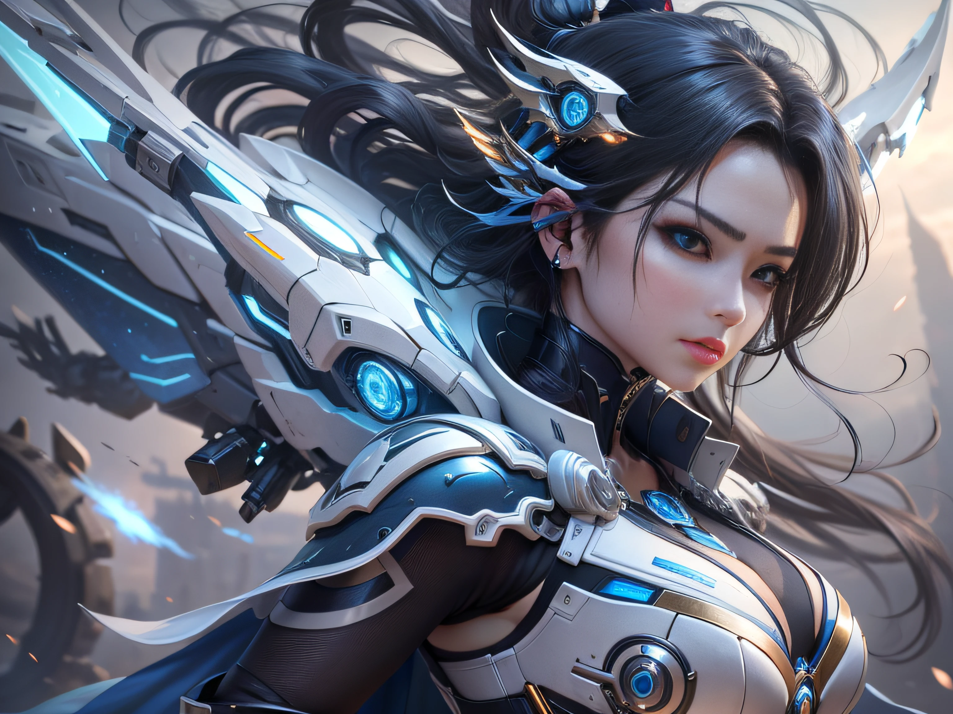 Highest image quality，Outstanding details，超高分辨率，（Fidelity：1.4）, Favor the details，closeup cleavage，The background is a scene of a cosmic celestial body，High-tech dragon knight mech，He has a delicate and beautiful face，（（Blue-white flying semi-mechanical fuselage：1.8）），high-tech weapon，Raised sexy，frontage，cyber punk perssonage，Futuristic，mechanically aesthetic，Virtual Engine 5，Perfect detail rendering，rendering by octane，hyper HD