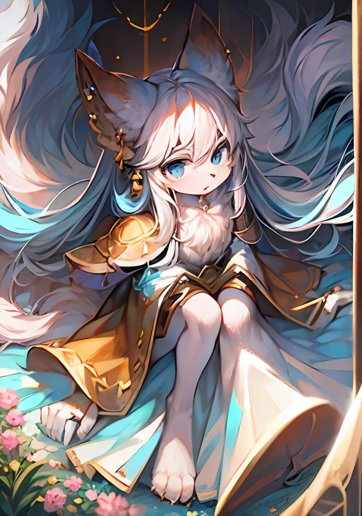 (8K, Best quality, Masterpiece:1.2),Masterpiece,High quality on digital painting\(artwork of a\), Long hair, eyes with brightness, in a panoramic view, Character focus.(detailedbackground:0.7), 独奏, shaggy, shaggy male, malefocus, anthr,(Full Body Furry, Fluffy tail, Pure white fur, White ears,Fair legs,blue color eyes, White color hair:1.2), (cloaks:1.2),Fox girl,Fluffy and delicate fur,Beast ears are cute,The fusion of humans and animals,Furry female,long whitr hair,tmasterpiece,best qualtiy。Long amber hair,Silver-toned earrings,Gold costume,(long skirt,Not exposed),Holy Spirit,(20岁女孩,holy)Big fluffy tail,Amber and white fur body,(Close to the girl's flowers)(Body detailed:flatchest)Lively and cute girl,Textured skin,best qualtiy,Storytelling images,Ambient lighting,dynamic blur,,tmasterpiece,A masterpice,solo person,facing at camera,Long amber hair,