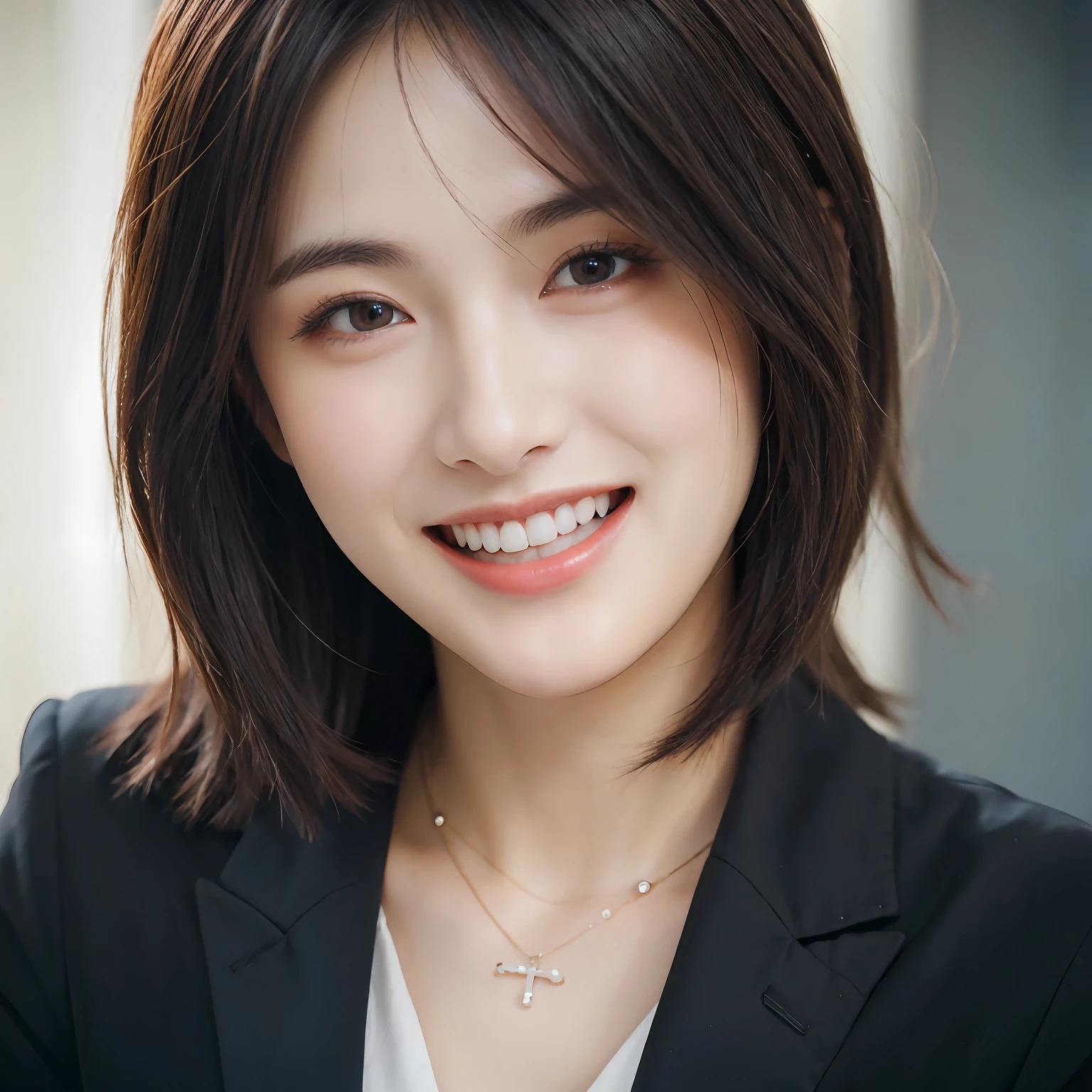 Dressed, (photographrealistic:1.4), (Hyper realistic:1.4), (Realistic:1.3), (Smoother lighting:1.05), (increase cinematic lighting quality:0.9), 32K, 1girl in,25-years old, Realistic lighting, Backlighting, Light on Face, raytrace, (Brightening light:1.2), (Increase quality:1.4), (Top quality real texture skins:1.4), finely detailed eyes, finerly detailed face, (tired and sleepy and joy:0), (Laugh:1.4), Black Suit,a necklace, (Increase body line mood:1.1), (Increase the beauty of skin texture:1.1)