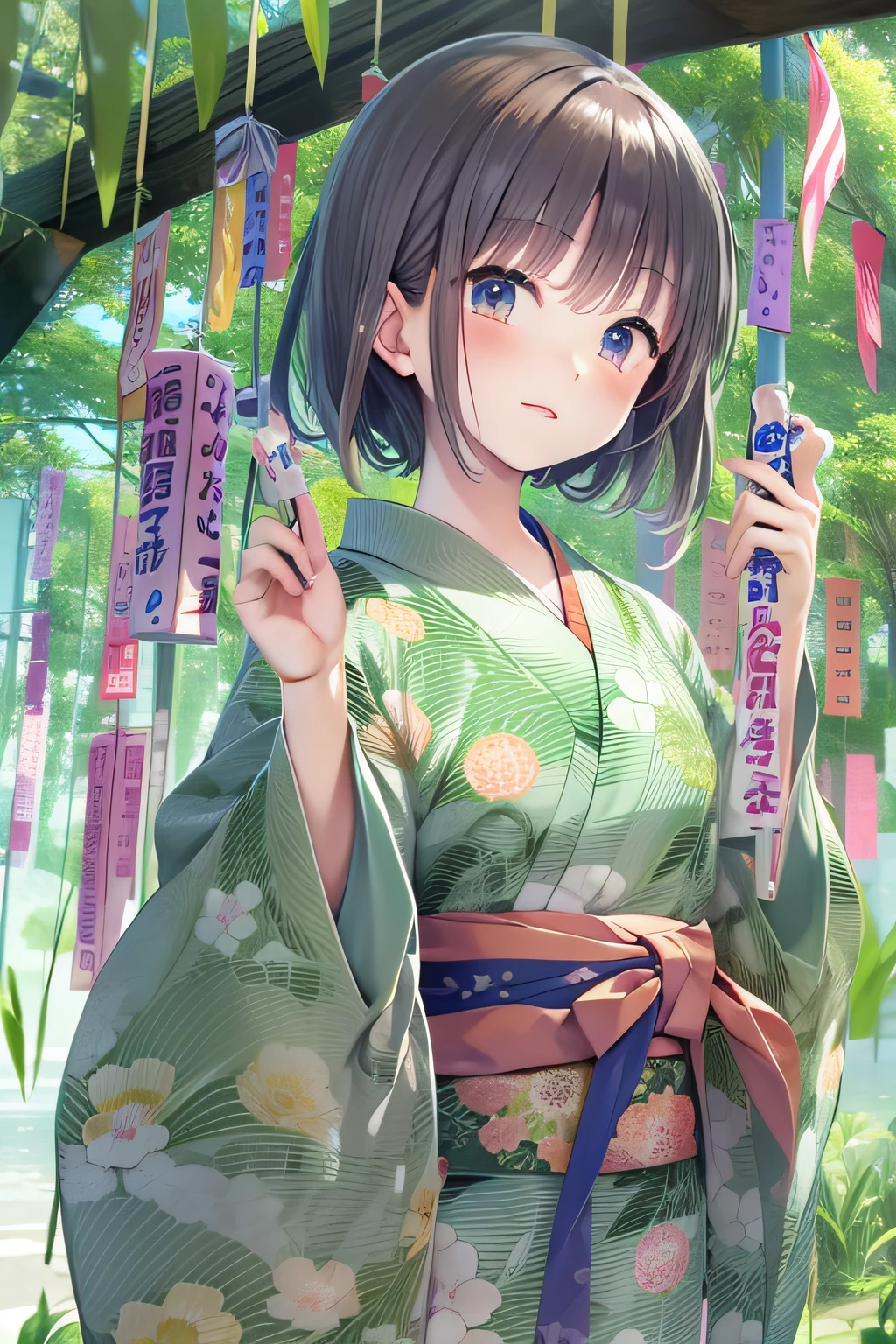 Japan Anime、Tanabata、Yukata Girls、20yr old、bamboo grass、veranda