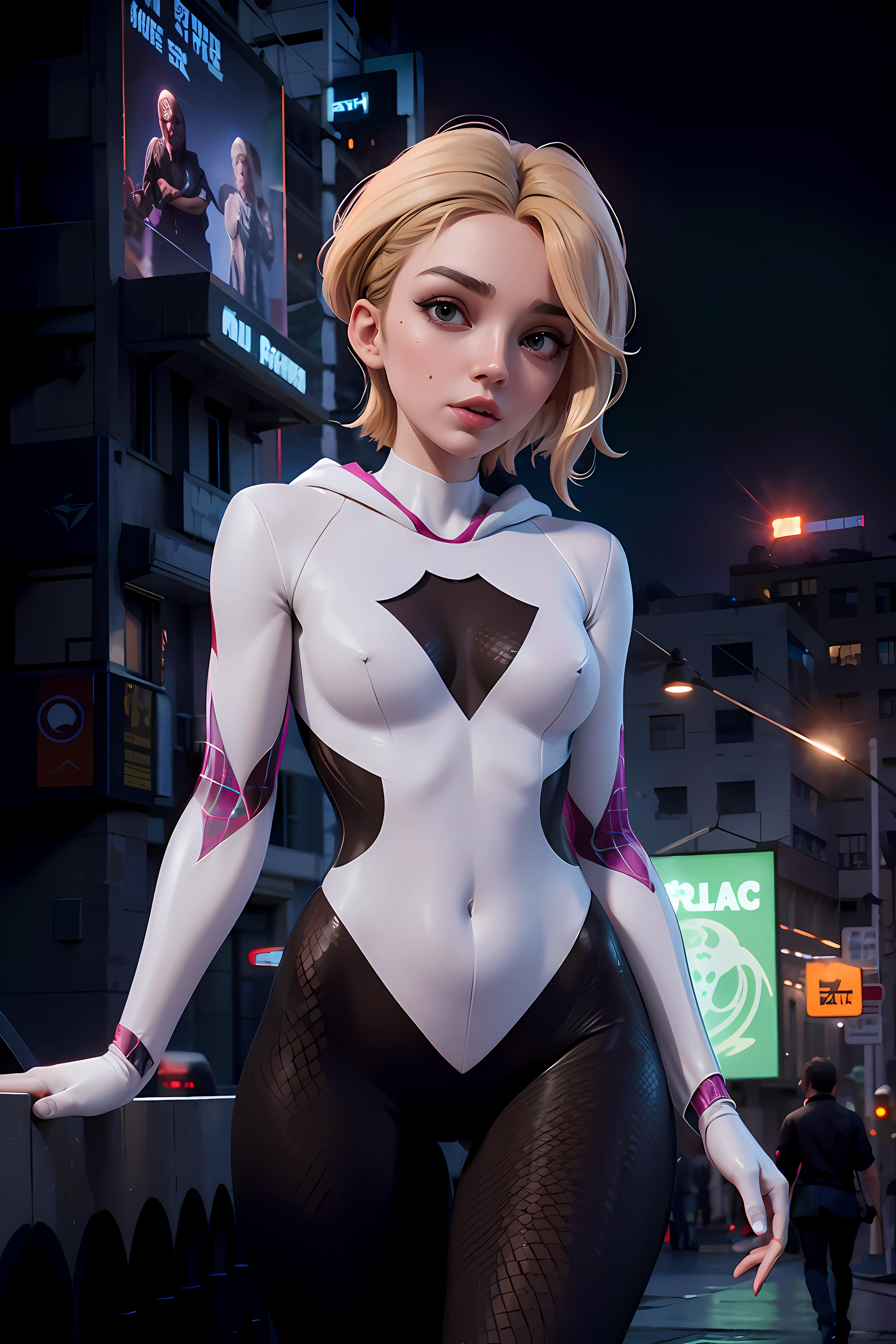 Gwen Aranha, organic-looking clothing ( degree of transparency) organic clothing Venom Symbiote, belas artes, PS5 cinematic screenshot, Highly detailed cinematic rendering, raytricing ultra fotorrealista |, with cinematic lighting, (peitos pontudo natural:1.2), quadris largos anatomia correta.