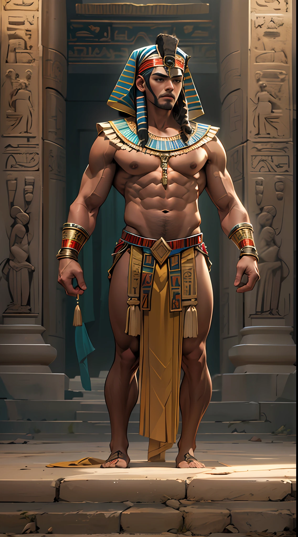 Powerful warrior, chest bared, lower body uncovered from thighs to feet, luxuriant long curls, meticulous muscle definition, photorealistic rendering, 4K resolution. Background: Ancient Egyptian temple complex,32k uhd, best quality, masterpiece, super detail, high details