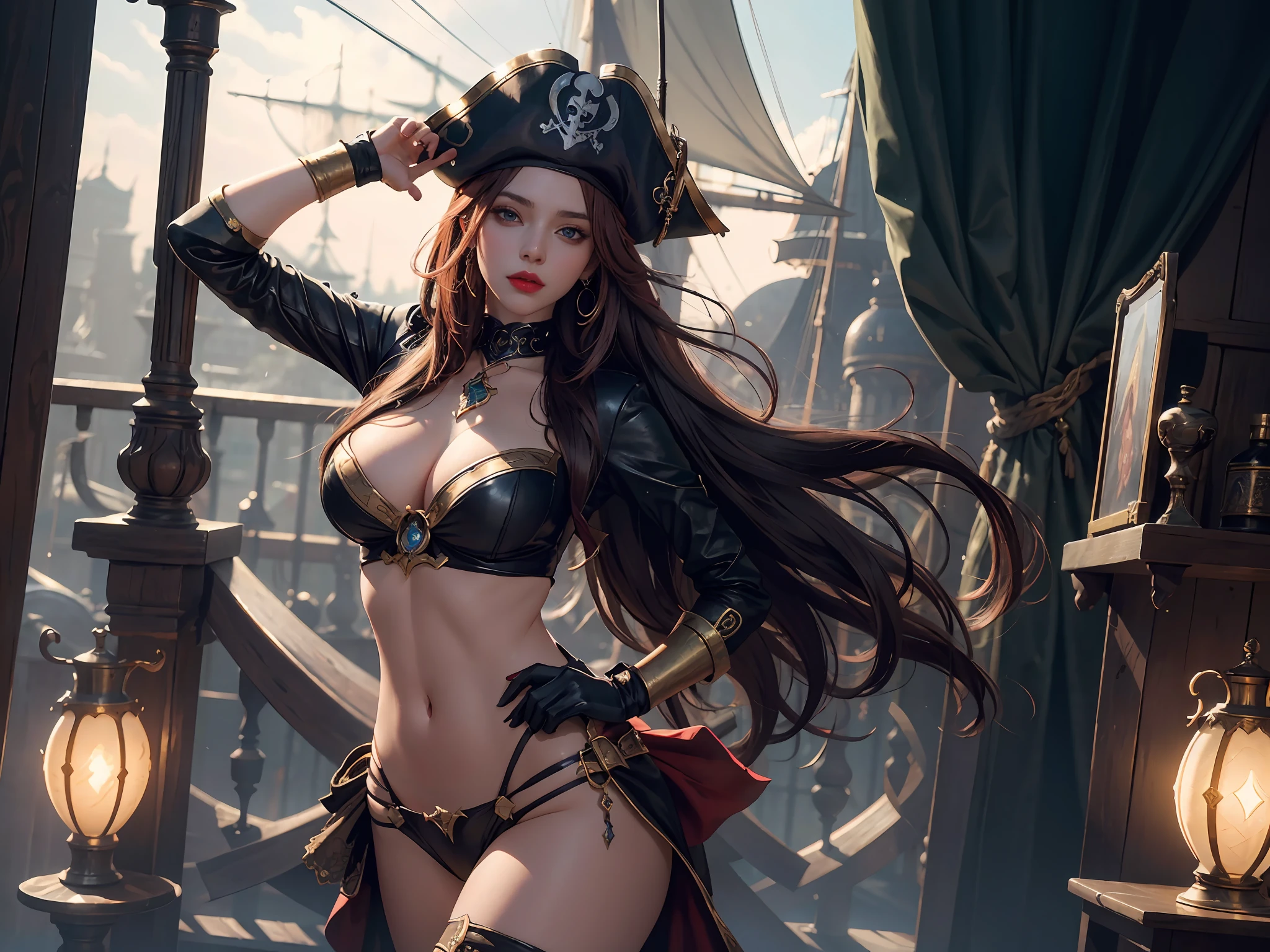 Original, very detailed wallpaper, very detailed illustrations, (1 Girl) , perfect female body, beautiful eyes, (delicate face) , (seductive expression) , eyes, impact, pirate hat, pirate costume1.5, pirate, pirate ship, red lips, from below1.2, wide hips, lap1.3, black gloves, (shiny skin) , (best lighting) , (super-complex detail) , 4K Unity, (super-detailed CG: 1.2) , (8K: 1.2), octane rendering Dynamic, floating, luminous, League of Legends original painting, wide-angle viewing angle: 2, pureerosface_v1