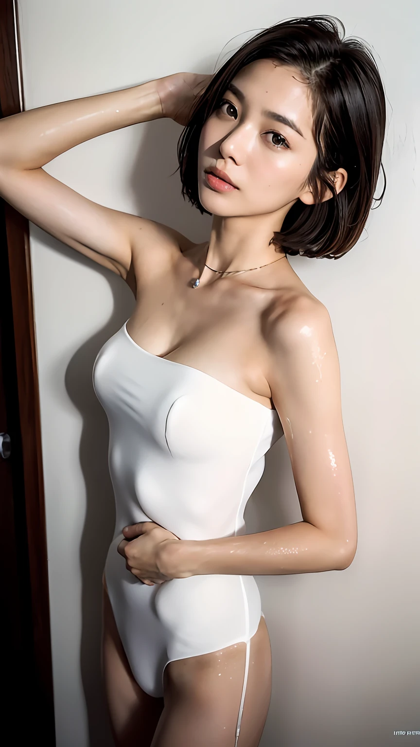 （best qualtiy，8K, Yes，32K，tmasterpiece，hyper HD：1.2），Beautiful Japanese woman in the photo，Very short Bob head，fully body photo，Oversized，choker necklace，simple backgound，from the above, (8K, RAW photos, Best quality, Masterpiece: 1.2), Real people, Realistic, Portrait photos, taking a shower，浴室，Air bubbles cover the chest，There are water droplets on the body，It has shiny foam on it，Naked，no clothes are worn，Cover the crotch with bubbles，Lots of bubbles，Lots of foam，Lots of sweat，Wet all over，Lots of foam，Lots of bubbles，