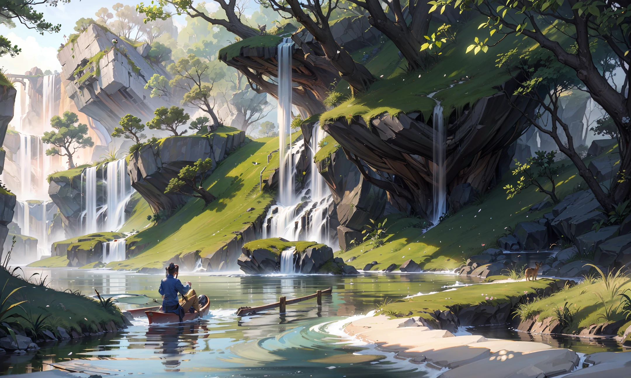 Chinese ancient times, spring, jungle, lake, cave, waterfall, tree, meadow, rock, deer, hot spring, water vapor, (illustration: 1.0), epic composition, realistic lighting, HD details, masterpiece, best quality, (very detailed CG unified 8k wallpaper) --auto --s2