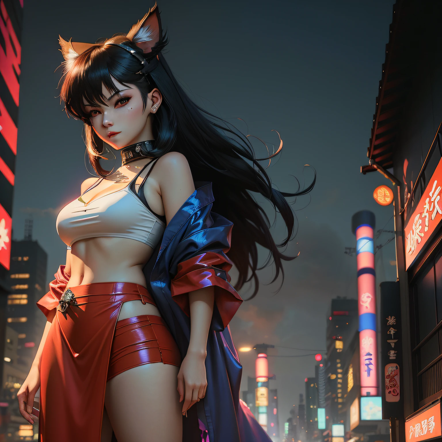 Anime girl posing in city in red dress and cat ears, Badass anime 8 K, Ross Tran 8 K, anime cyberpunk art, Digital cyberpunk anime art, Realistic anime 3 D style, cyberpunk anime girl, 3 d anime realistic, ahri from league of legend, trending on cgstation, digitl cyberpunk - anime art, female cyberpunk anime girl, ahri，The face is thin and delicate