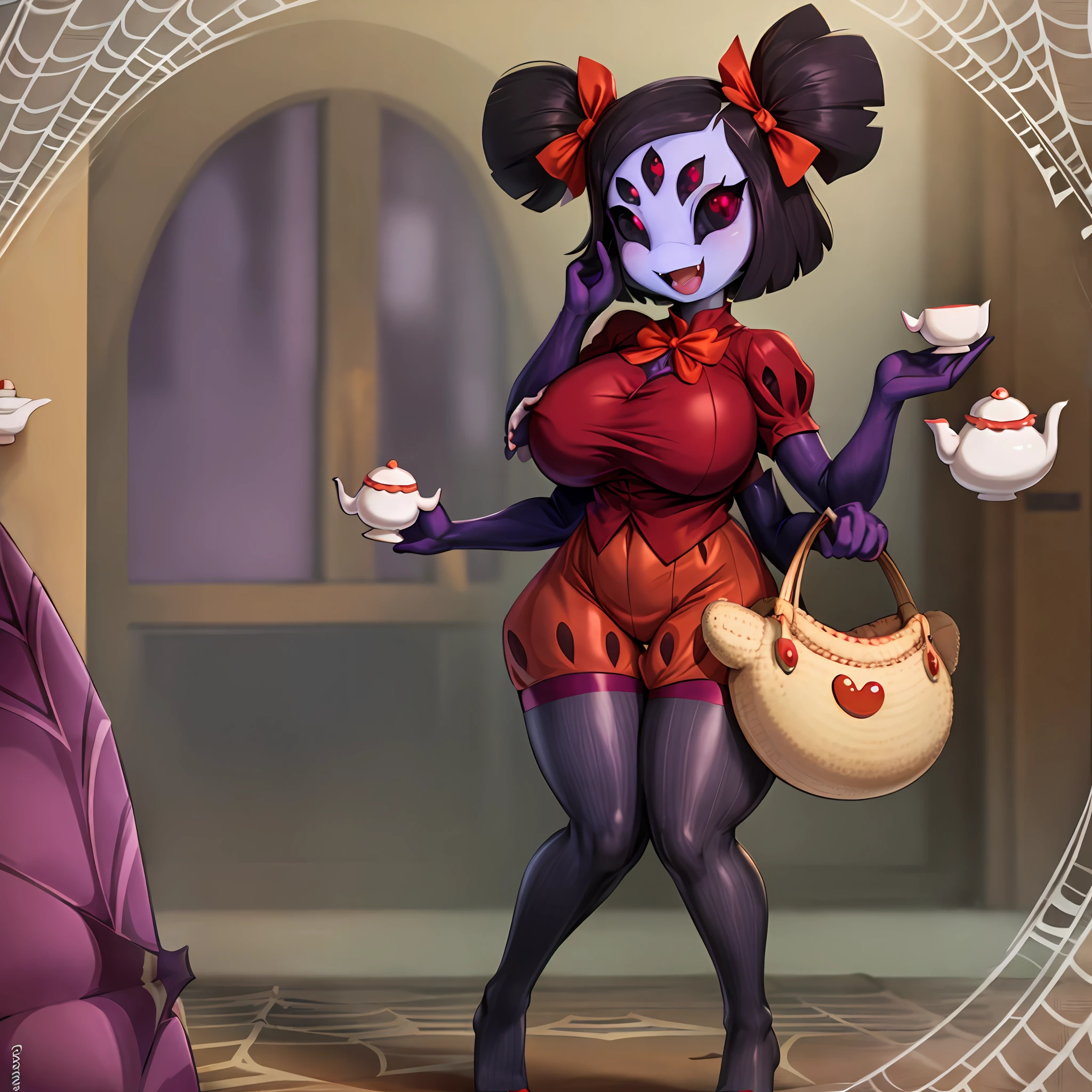 masterpiece, best quality, a beautiful and detailed portriat of muffet,(muffetwear), monster girl,((purple body:1.3)),humanoid, arachnid, anthro,((fangs)),pigtails,hair bows,5 eyes,spider girl,6 arms,solo,smile, clothed, open mouth, awesome and detailed background, holding teapot, holding teacup, 6 hands,detailed hands,((spider webs:1.4)), storefront that sells pastries and tea,bloomers,(red and black clothing),inside,pouring into teacup,wide angle lens, ((fish eye effect)) ,armwear,thick thighs, thighhighs, huge breast, curvy, mature