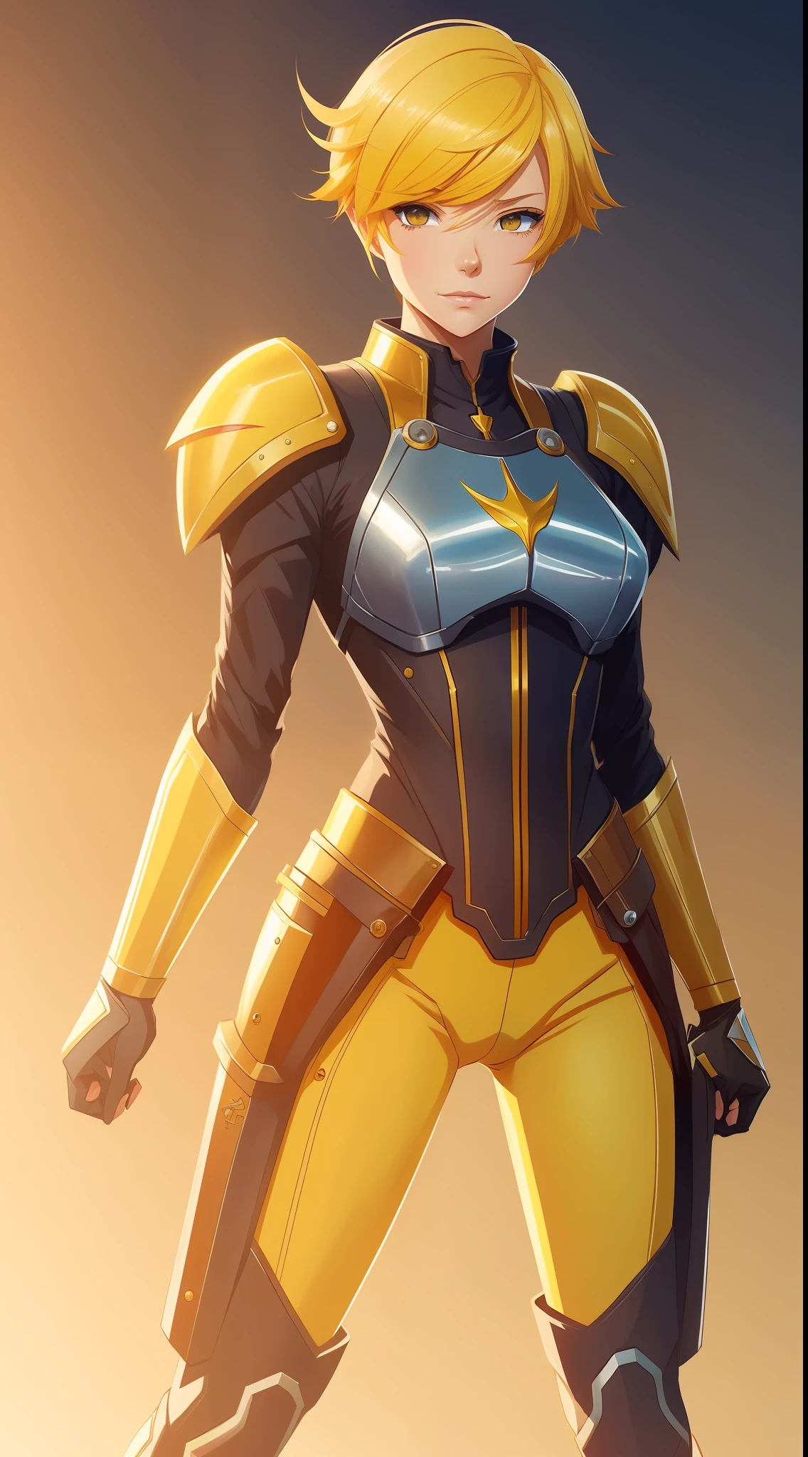 [by Artgerm and WLOP and Ilya Kuvshinov and RHADS and Loish and Rossdraw] by "anime" artist, Visual Key Anime, Japanese Manga, Pixiv, Zerochan, Anime Art, Fantia, Emma Stone Armaura Medieval Futuristic, ((full body) ) ), muscular, ((short yellow hair)), steel armor, short hair