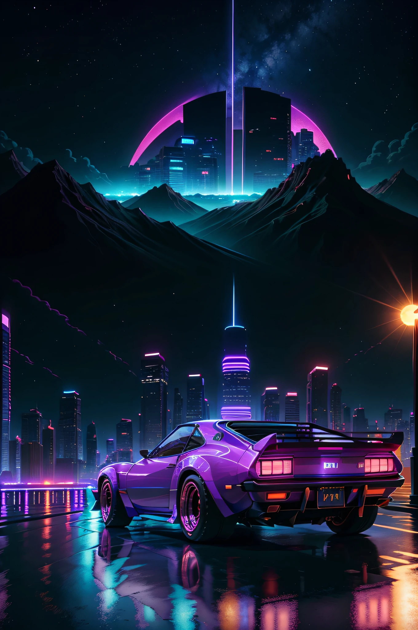 retrowave. city, 1969 Nissan S30, wide body kit, road, purple neon lights, sun, mountain,
(masterpiece,detailed,highres),