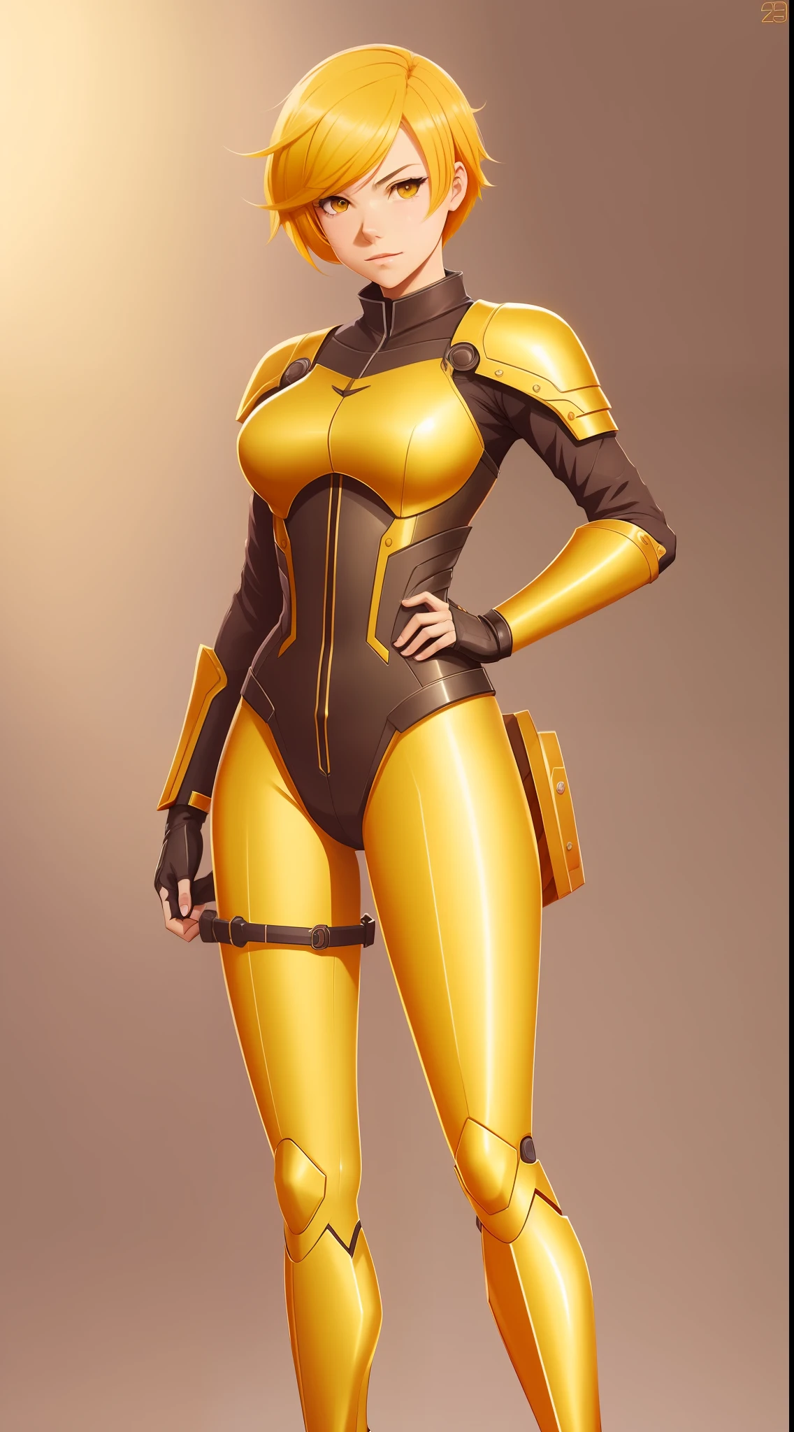 [by Artgerm and WLOP and Ilya Kuvshinov and RHADS and Loish and Rossdraw] by "anime" artist, Visual Key Anime, Japanese Manga, Pixiv, Zerochan, Anime Art, Fantia, Emma Stone Armaura Medieval Futuristic, ((full body) ) ), muscular, ((short yellow hair)), steel armor, short hair