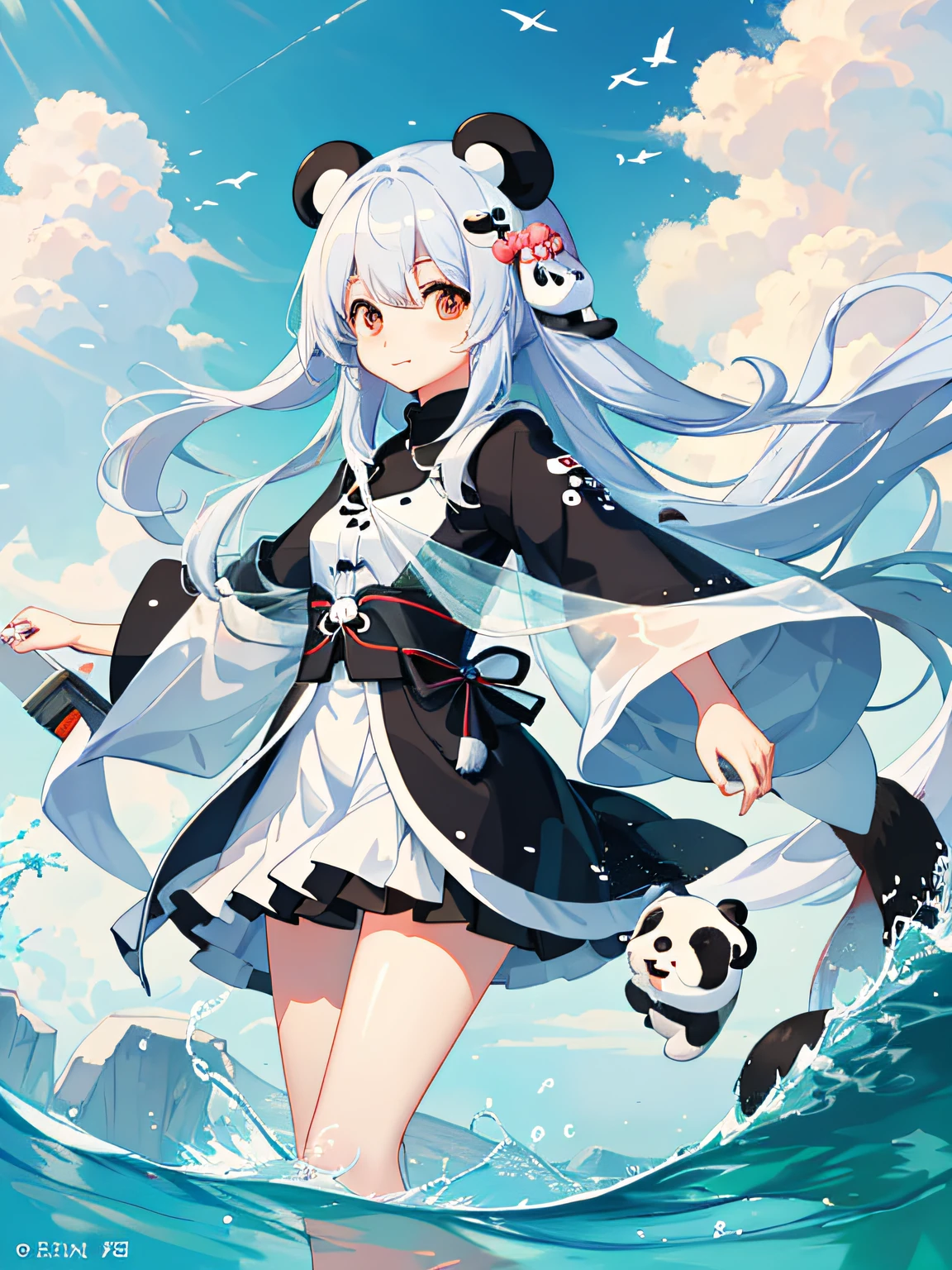 1 panda floating in the water,The panda's head emerges from the water,Two hands on the water,The background is clouds, lovely digital painting, Cute panda, Cute detailed digital art, adorable digital art, panda panda panda, awww, cute artwork, by Yang J, Panda, By Ren Xiong, by Ye Xin, a cute giant panda, 4k manga wallpapers, feng zhu |, author:Ju Chao