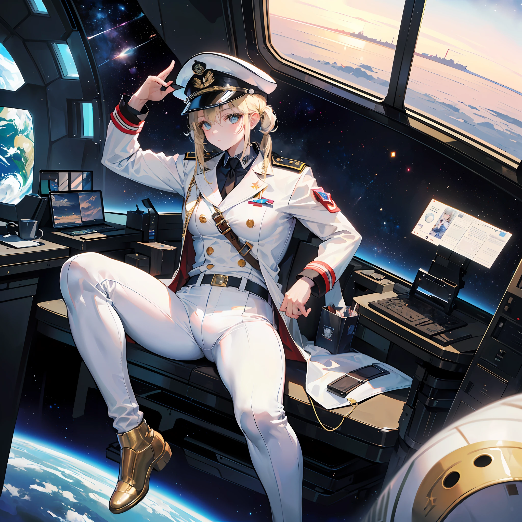 ((Masterpiece)), ((Highest Image Quality)), (((Best Quality)), (Illustration of One Girl), Full Body, 25 Years Old, (Neutral)), ((Blonde Twin Tails)), Light Golden Eyes, (Tall)), (Muscular Strong Body)), ((Muscular and Thick Body)), ((Muscular and Thick Arms)), ((Muscular and Thick Legs)), (Manspreading)), Open Legs, (((Army Uniform)), (Army Hat)), (((Army Coat)), (white clothes), (white pants), (white hat), trench coat, ((inside the spaceship, sitting in the captain's seat)), (outside the window, space, Earth seen from space, spaceport)
