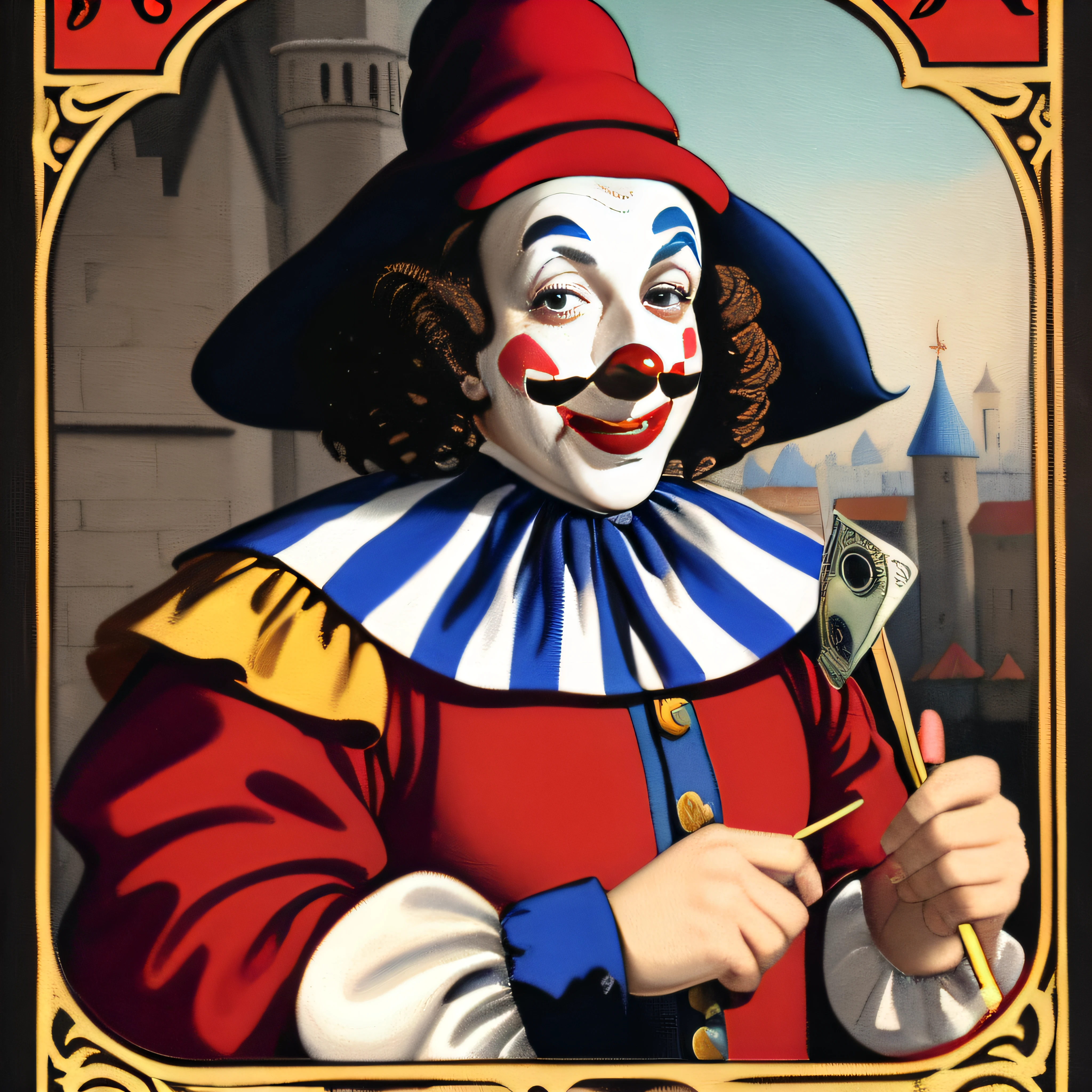 arafed clown with a red hat and a blue and white dress, court jester in renaissance era, bozo the clown. circus motif, the money of clowns, communist clown painting, communist clown portrait, medieval jester, capitalist clown, communist clown, the magician tarot card, portrait of circus artist, leonetto cappiello, court jester