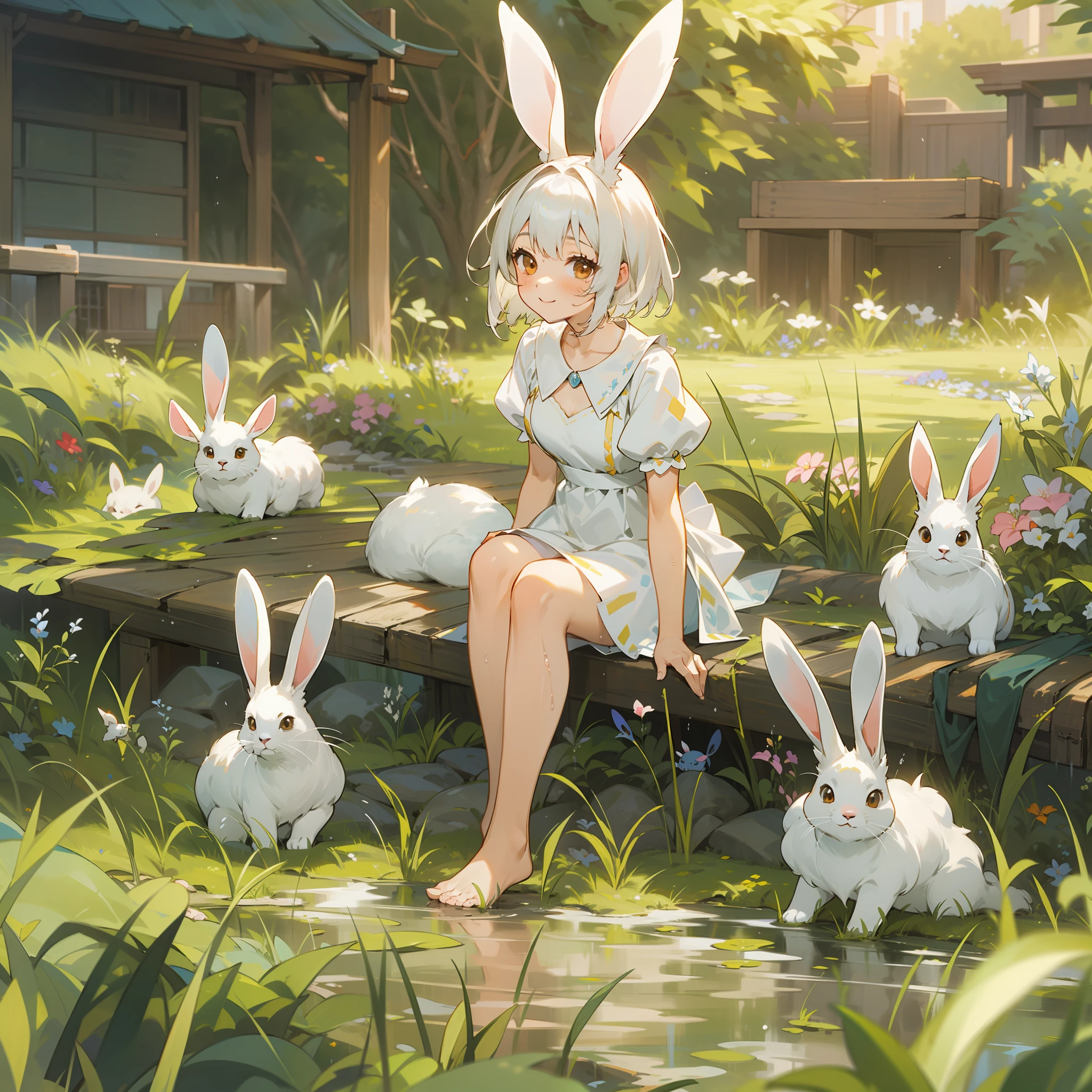 ((Masterpiece,Best quality)),1girll, Solo, Animal ears, Rabbit, Barefoot, Knees up, dress, Sitting, Rabbit ears, Short sleeves, view the viewer, Grass, Short hair, Smile, White hair, Puffy sleeves, Outdoors, puffy short sleeves, bangs, on ground, full bodyesbian, Animal, White dress, Sunlight, Brown eyes, Dappled sunlight, day, Depth of field ,Wet gorund,