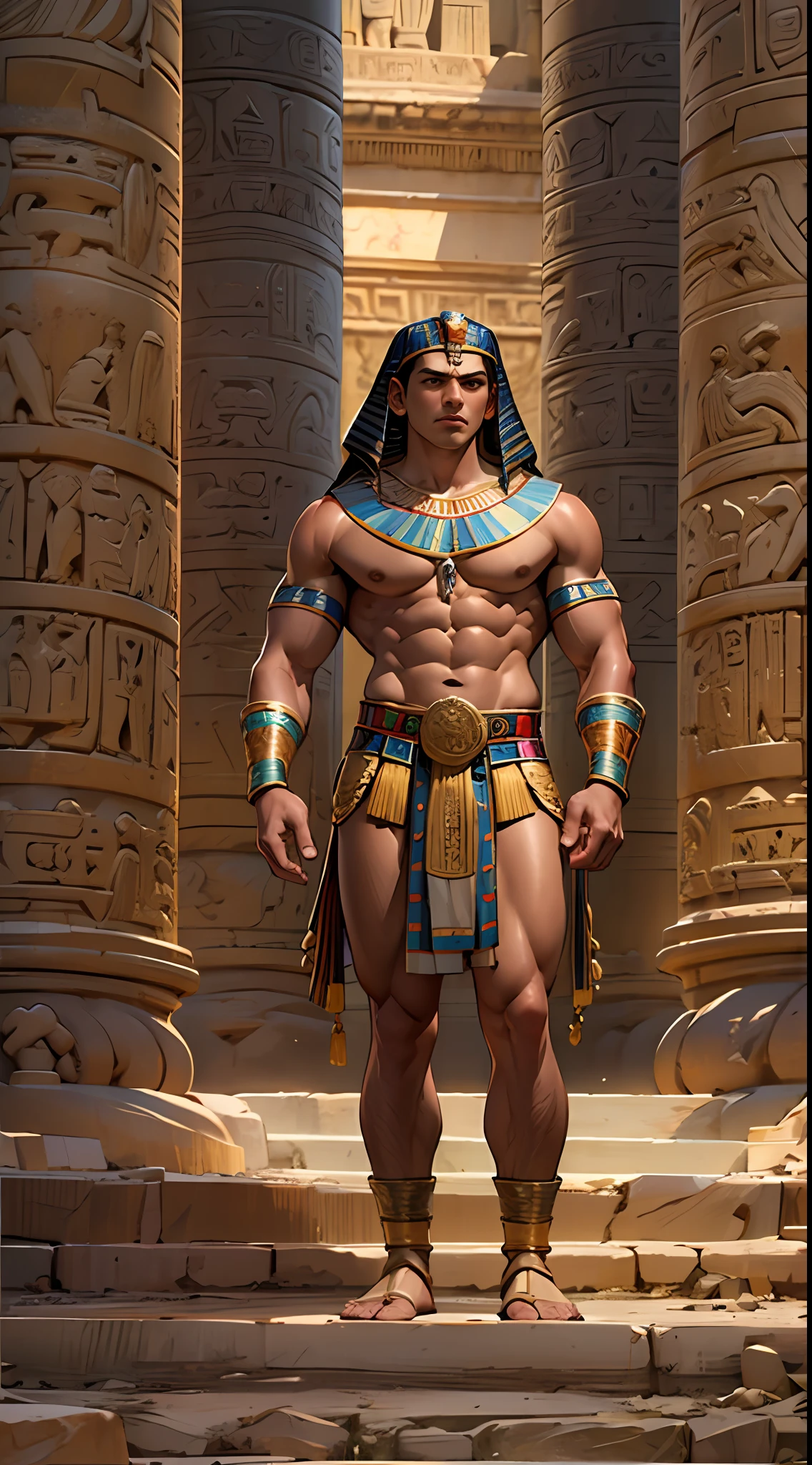 Powerful warrior, chest bared, lower body uncovered from thighs to feet, luxuriant long curls, meticulous muscle definition, photorealistic rendering, 4K resolution. Background: Ancient Egyptian temple complex,32k uhd, best quality, masterpiece, super detail, high details