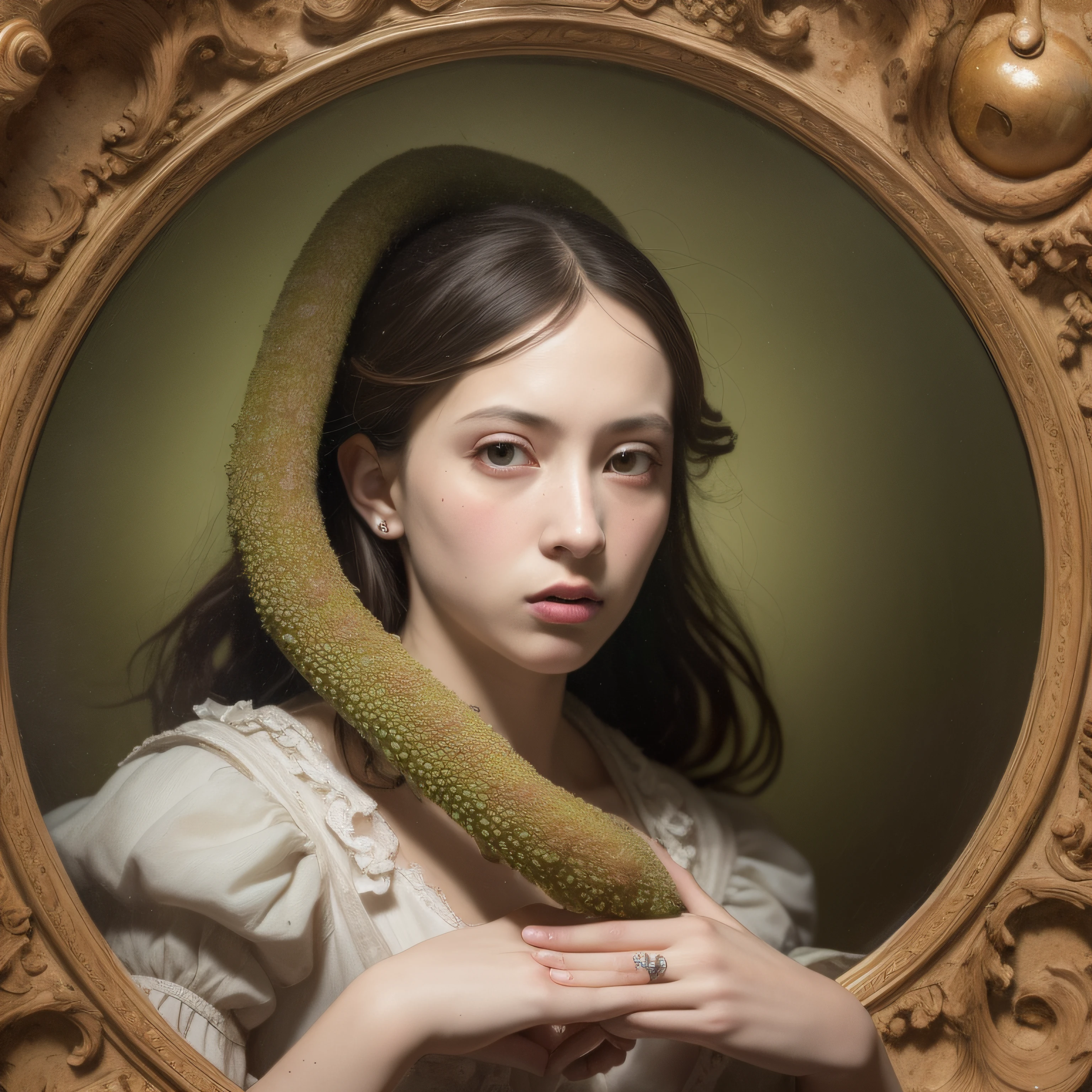 (extremadamente detallado, obra maestra, La mejor calidad), Estilo oscuro, intense illumination, rostro con arrugas, lengua larga, tentacle, deforme, monstruoso, un anciano con Colmillos finos, amenazante. Rococo composition. Luz de caravaggio