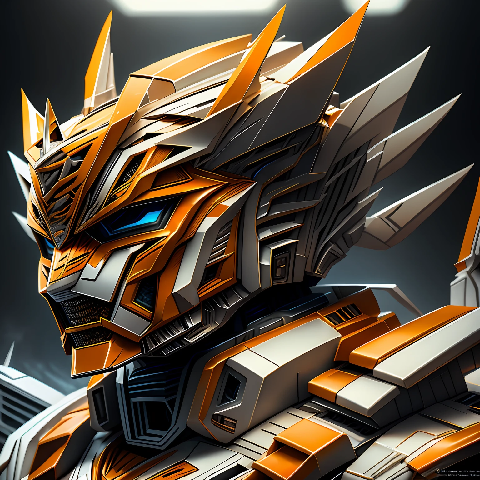 Close up of orange and silver transformer mask on white surface, Tiger head, Transformers, Transformers toys, transformers movie style tech, tigre