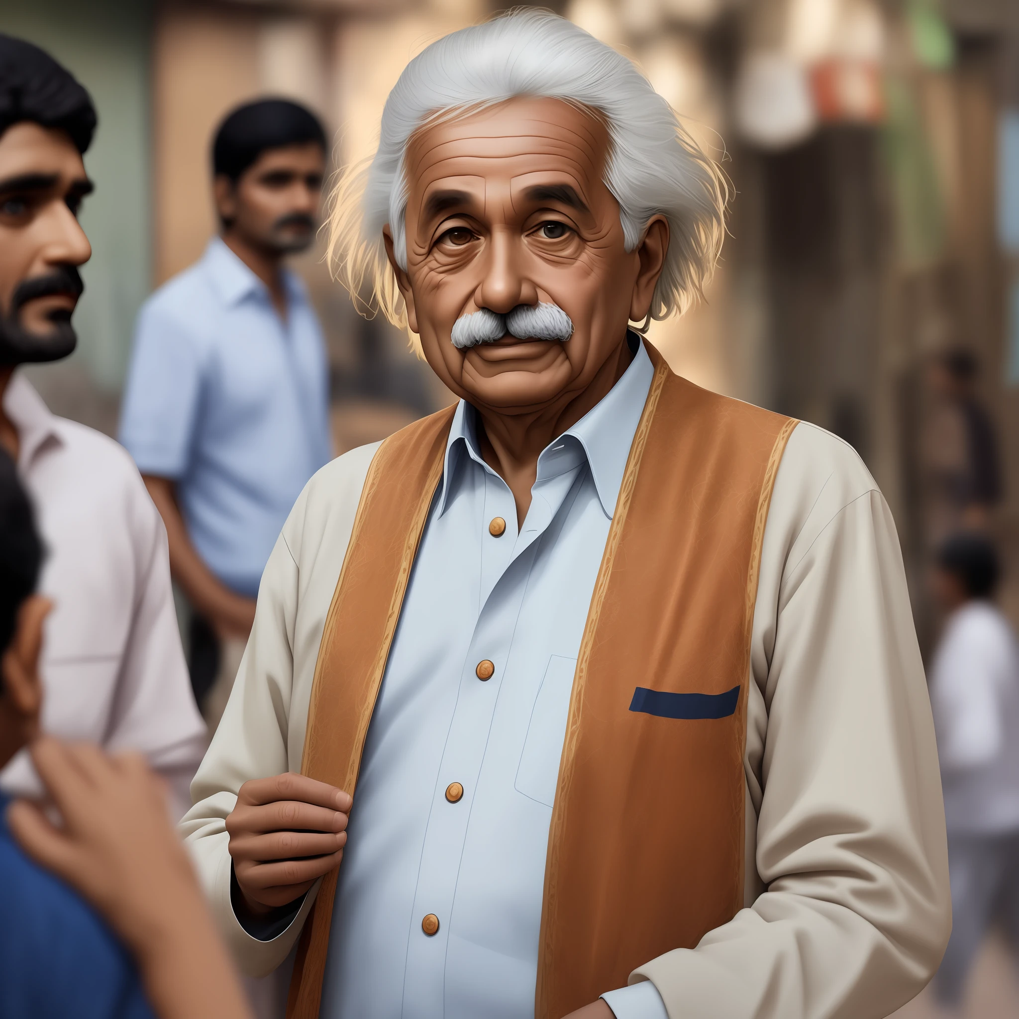 albert einstein taking to Indian Street people, in Indian Street, realistic face, ultra realistic and smooth, hd smooth, cenematic lights shadow background