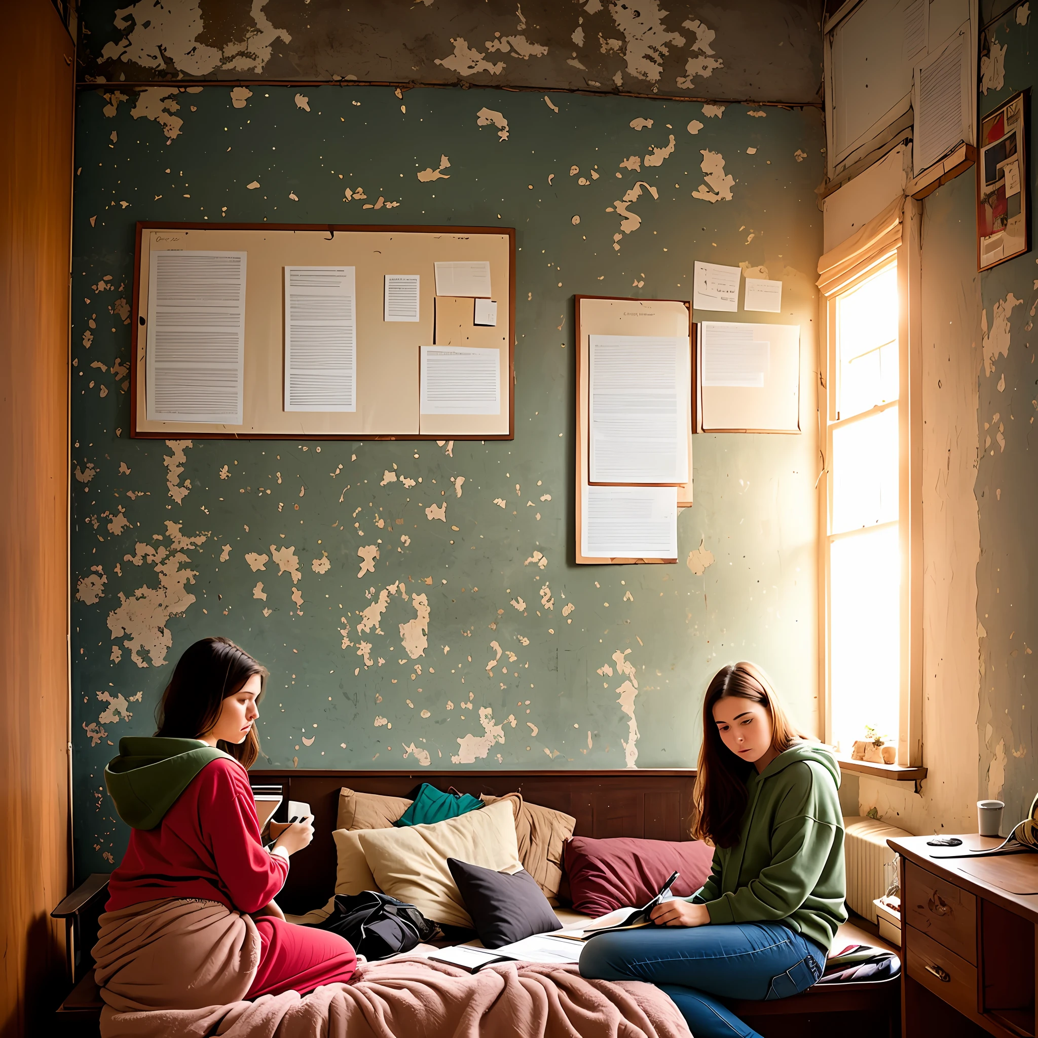 Woman sitting, Desaturated colors, old College dorm room, old wooden bed, disheveled blanket, desaturated green hoodie, lonely, sad, hazel eye, sunset, evening lighting, torn motivational poster on wall, (we could done so much more), sketchbooks on desk, pens on desk, crack on wall, peeling paint,