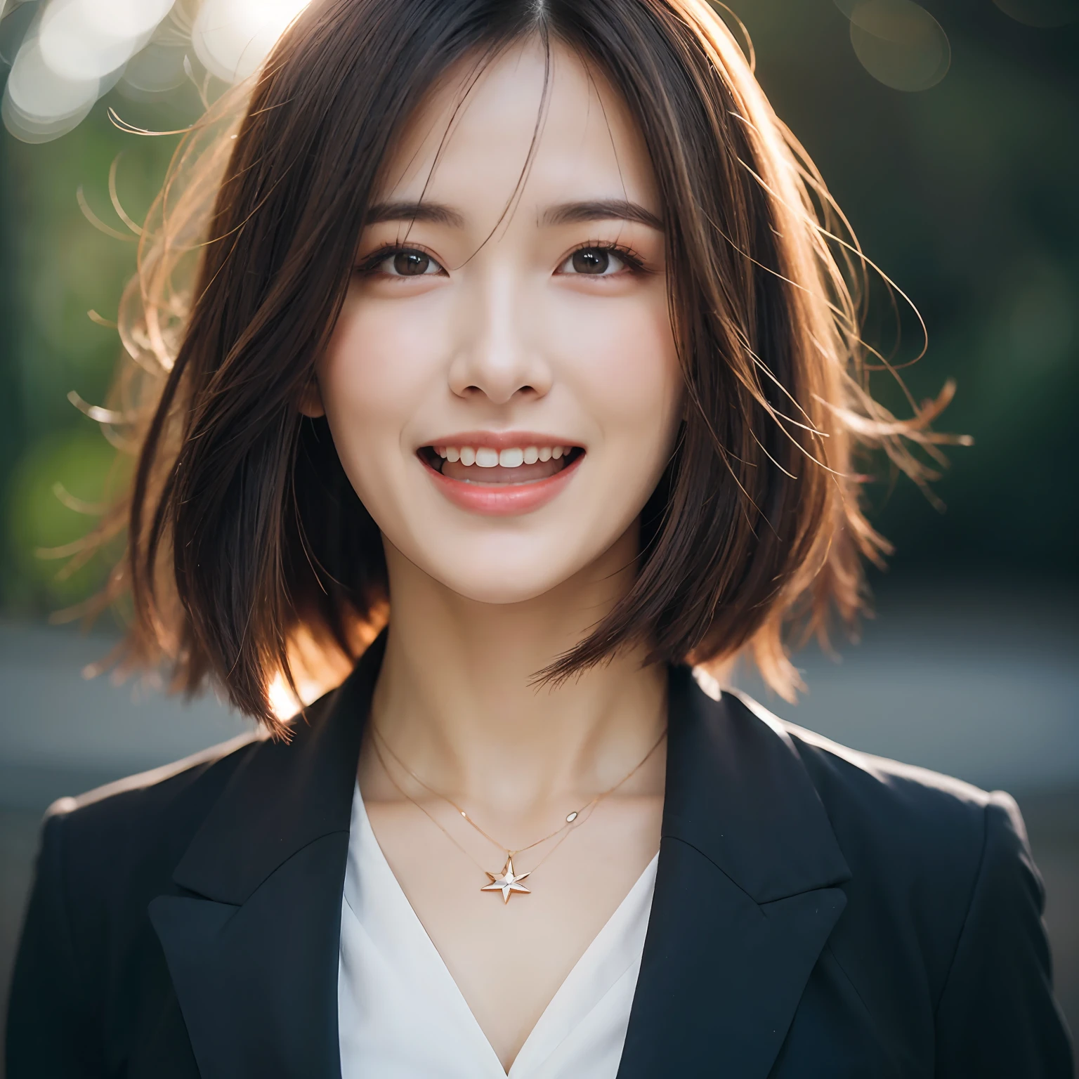 Dressed, (photographrealistic:1.4), (Hyper realistic:1.4), (Realistic:1.3), (Smoother lighting:1.05), (increase cinematic lighting quality:0.9), 32K, 1girl in,25-years old, Realistic lighting, Backlighting, Light on Face, raytrace, (Brightening light:1.2), (Increase quality:1.4), (Top quality real texture skins:1.4), finely detailed eyes, finerly detailed face, (tired and sleepy and joy:0), (Laugh:1.4), Black Suit,a necklace, (Increase body line mood:1.1), (Increase the beauty of skin texture:1.1)