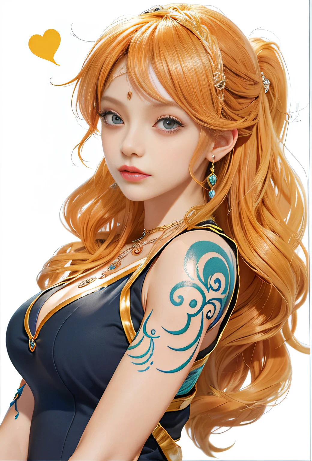 A woman with a tattoo and a necklace on her arm, beautiful portrait of nami, nami one piece, nami from one piece, Nami, marisa kirisame, Marin Kitagawa fanart, from one piece, anime girl named lucy, female anime character, anime woman, Anime princess, high quality colorful sketch, seductive anime girls, High-quality fanart