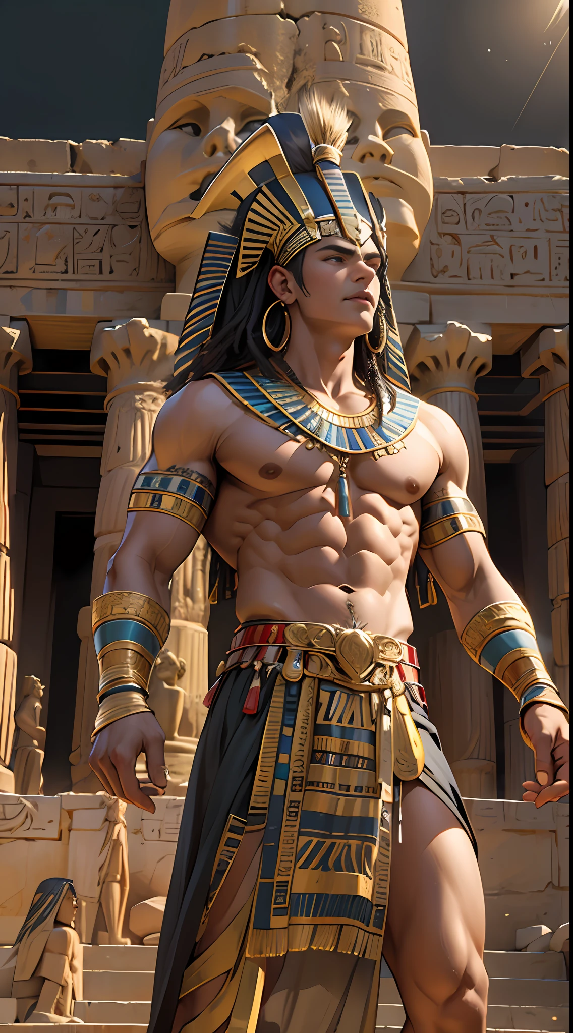 Powerful warrior, chest bared, lower body uncovered from thighs to feet, luxuriant long curls, meticulous muscle definition, photorealistic rendering, 4K resolution. Background: Ancient Egyptian temple complex,32k uhd, best quality, masterpiece, super detail, high details