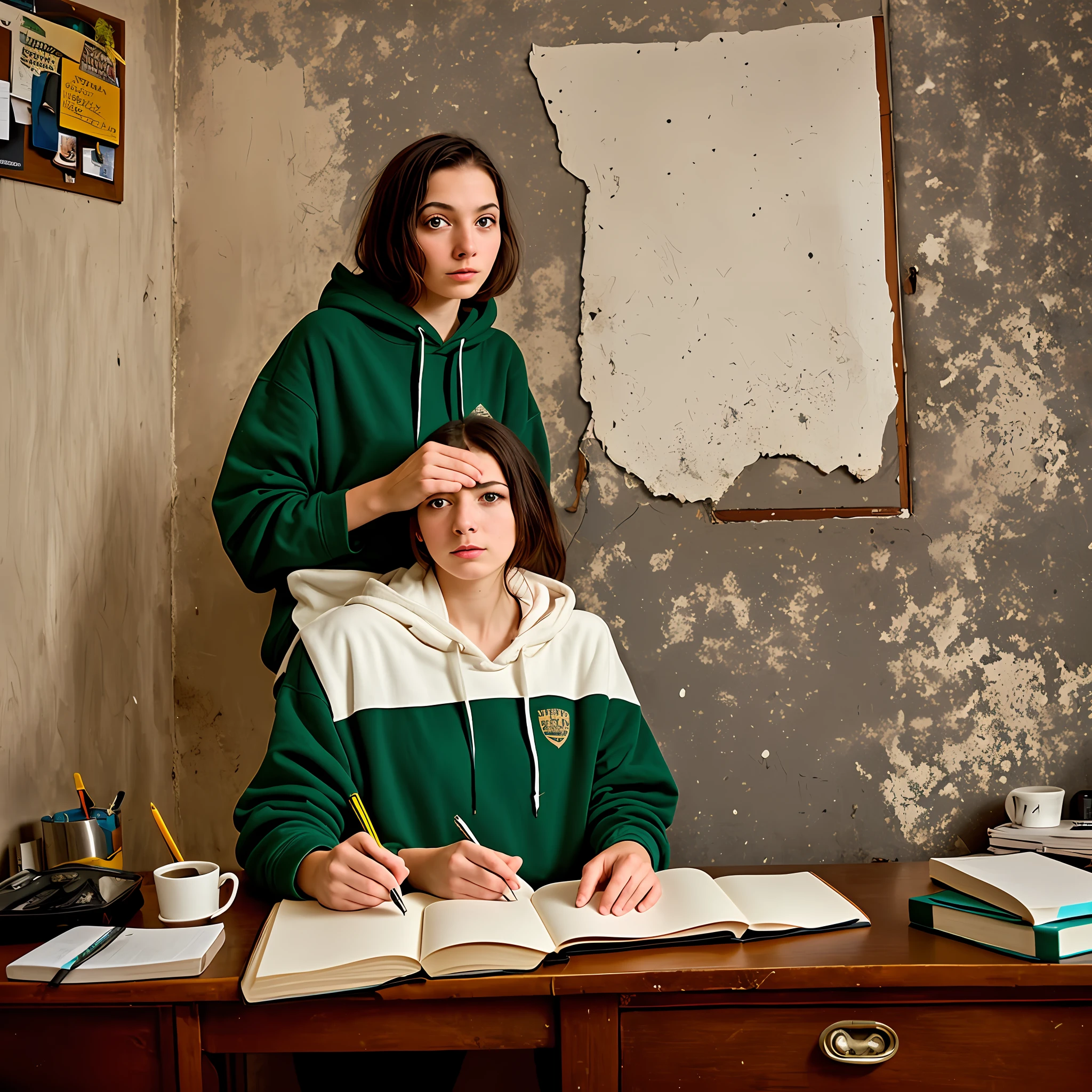Woman sitting, Desaturated colors, old College dorm room, old wooden bed, disheveled blanket, desaturated green hoodie, lonely, sad, hazel eye, sunset, evening lighting, torn motivational poster on wall, (we could done so much more), sketchbooks on desk, pens on desk, crack on wall, peeling paint,