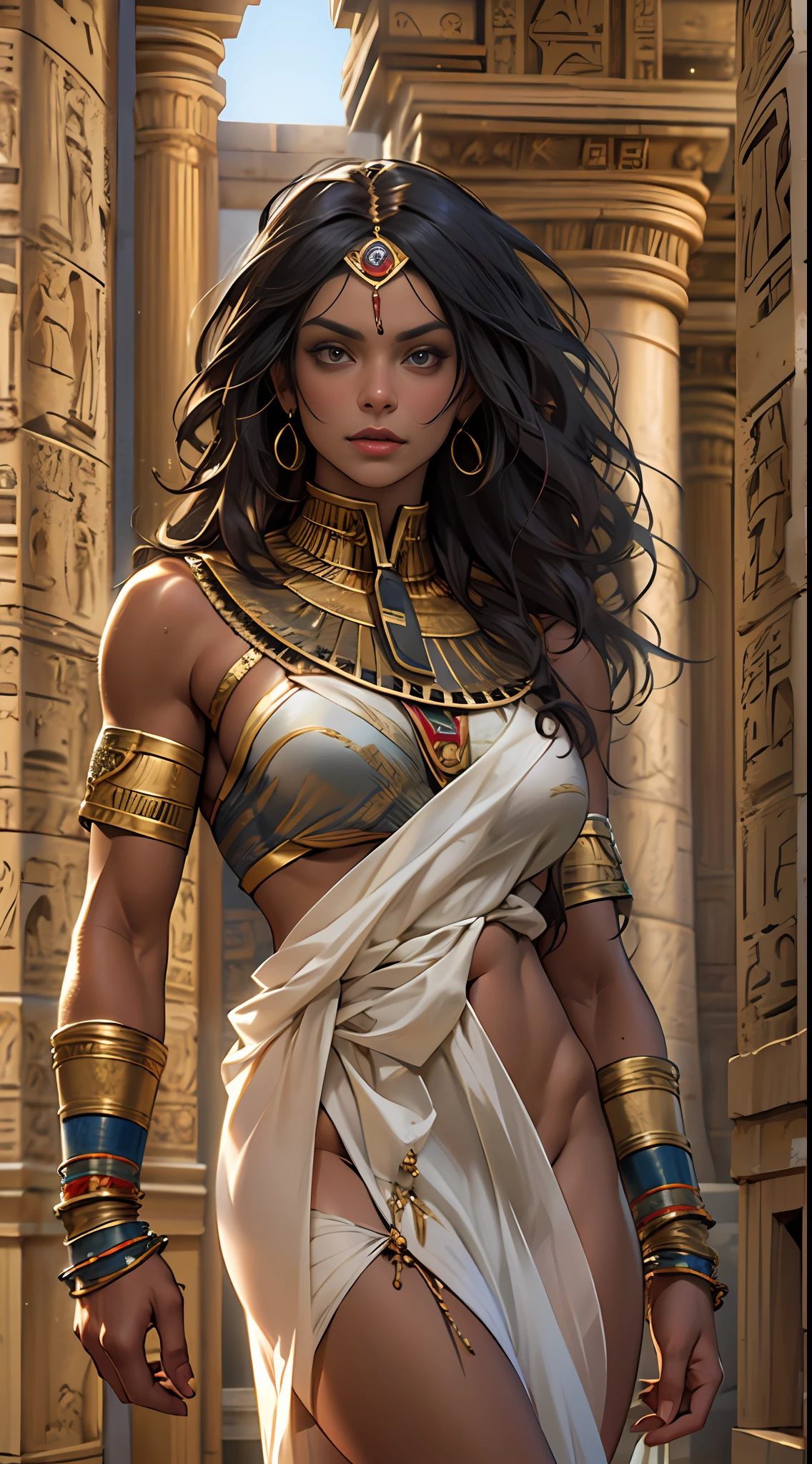 Powerful warrior, chest bared, lower body uncovered from thighs to feet, luxuriant long curls, meticulous muscle definition, photorealistic rendering, 4K resolution. Background: Ancient Egyptian temple complex,32k uhd, best quality, masterpiece, super detail, high details