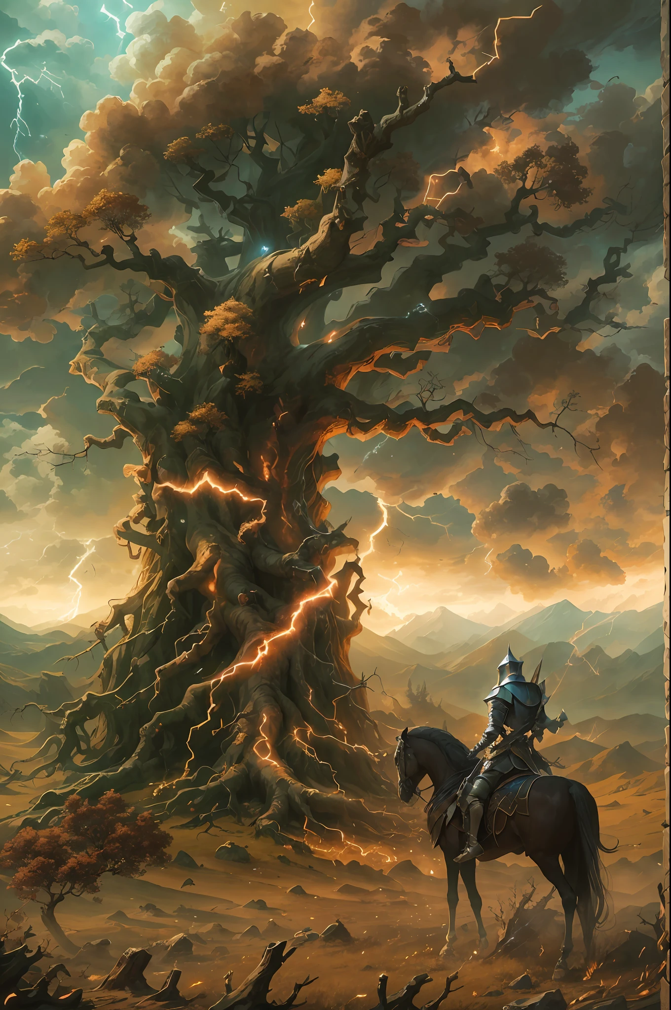 （tmasterpiece、best qualtiy）A huge old tree in the middle of a vast field（（（The roots of the tree are covered with golden lightning）））、surrounded by cloud，A skeleton knight gallops on a horse，（illustratio：1.0）、Epic composition、Realistic lighting details、high definition detail、high definition resolution，（非常详细的 CG 统一 8k 壁纸）