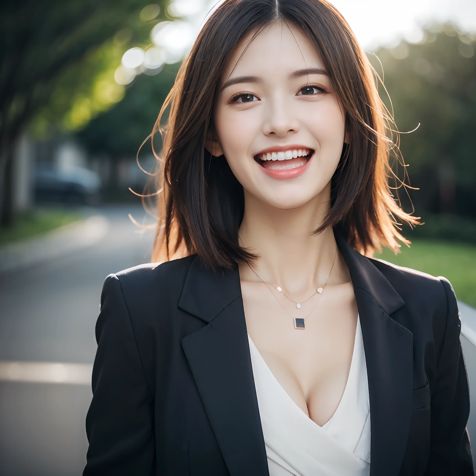 Dressed, (photographrealistic:1.4), (Hyper realistic:1.4), (Realistic:1.3), (Smoother lighting:1.05), (increase cinematic lighting quality:0.9), 32K, 1girl in,25-years old, Realistic lighting, Backlighting, Light on Face, raytrace, (Brightening light:1.2), (Increase quality:1.4), (Top quality real texture skins:1.4), finely detailed eyes, finerly detailed face, (tired and sleepy and joy:0), (Laugh:1.4), Black Suit,a necklace, (Increase body line mood:1.1), (Increase the beauty of skin texture:1.1)