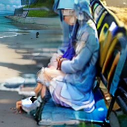 a girl with long blue hair, sitting with a cute face like a Korean, sitting on the beach