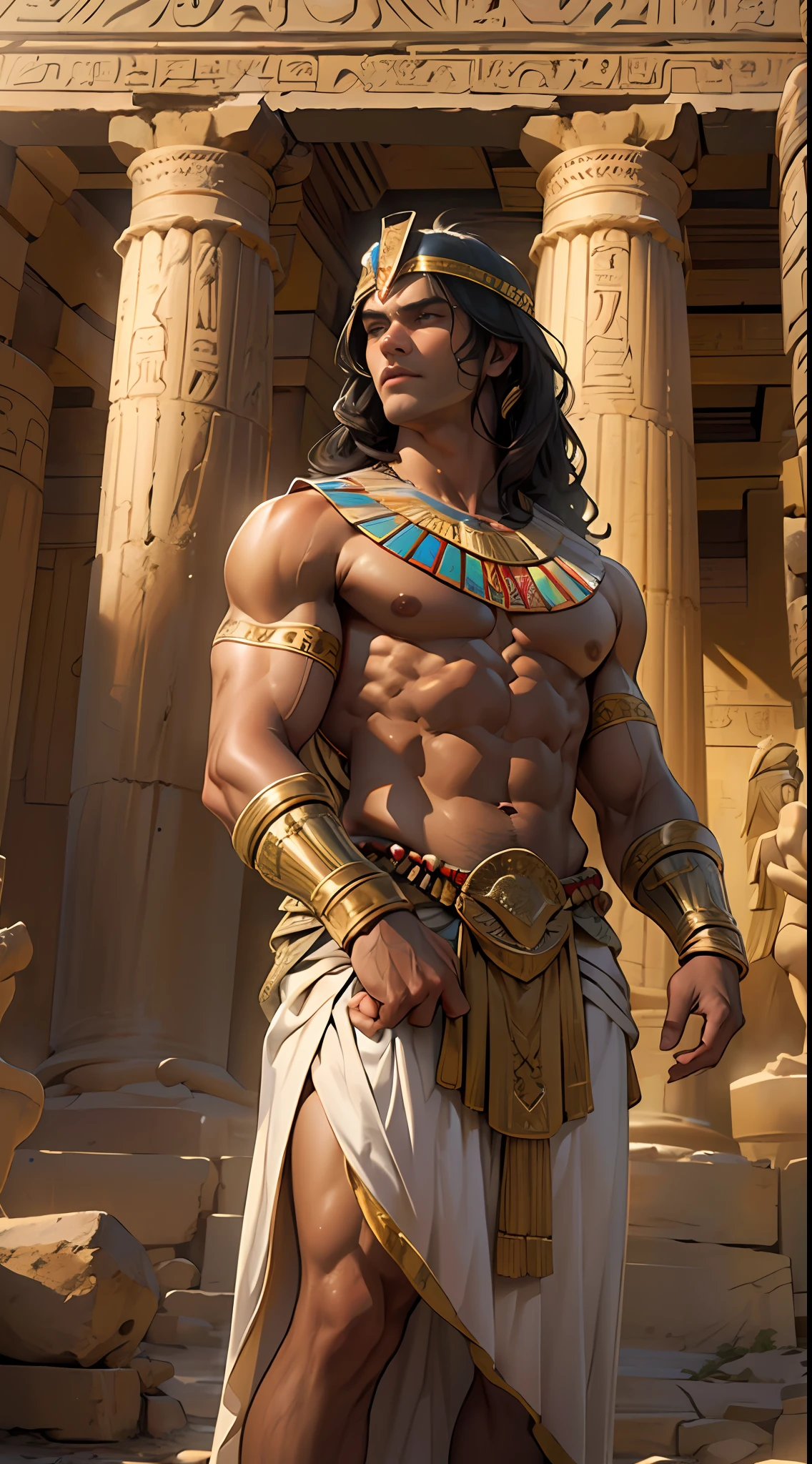 Powerful warrior, chest bared, lower body uncovered from thighs to feet, luxuriant long curls, meticulous muscle definition, photorealistic rendering, 4K resolution. Background: Ancient Egyptian temple complex,32k uhd, best quality, masterpiece, super detail, high details