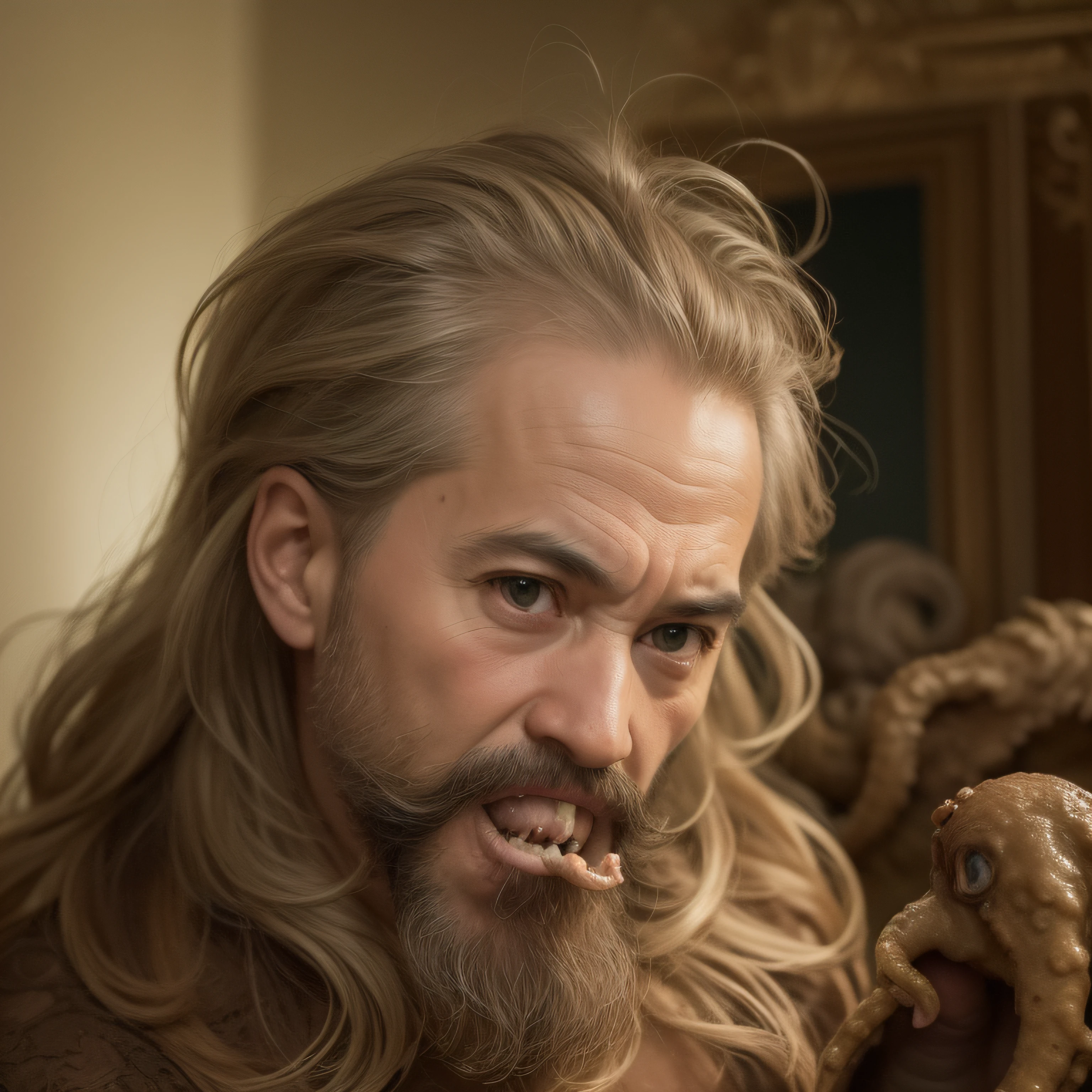 (extremadamente detallado, obra maestra, La mejor calidad), Estilo oscuro, intense illumination, rostro con arrugas, lengua larga, tentacle, deforme, monstruoso, un anciano con Colmillos finos, amenazante. Rococo composition. Luz de caravaggio