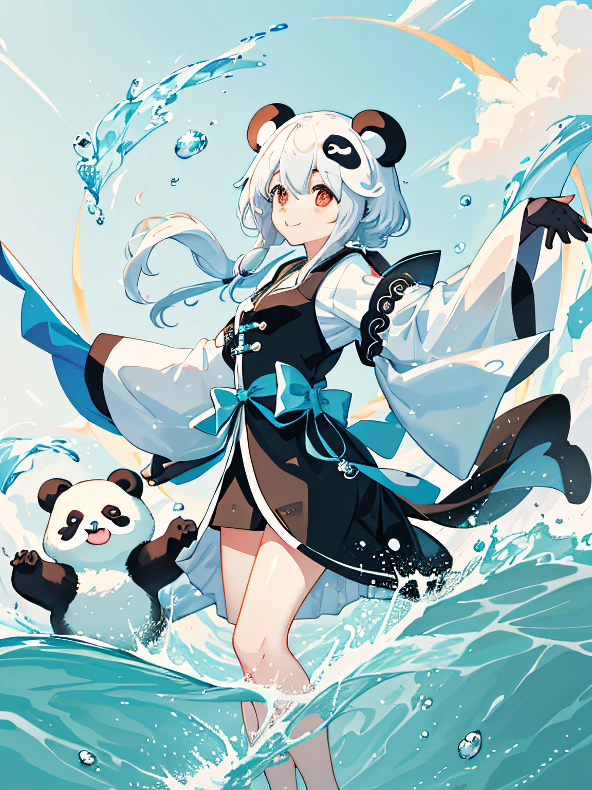 1 panda floating in the water,The panda's head emerges from the water,Two hands on the water,The background is clouds, lovely digital painting, Cute panda, Cute detailed digital art, adorable digital art, panda panda panda, awww, cute artwork, by Yang J, Panda, By Ren Xiong, by Ye Xin, a cute giant panda, 4k manga wallpapers, feng zhu |, author:Ju Chao