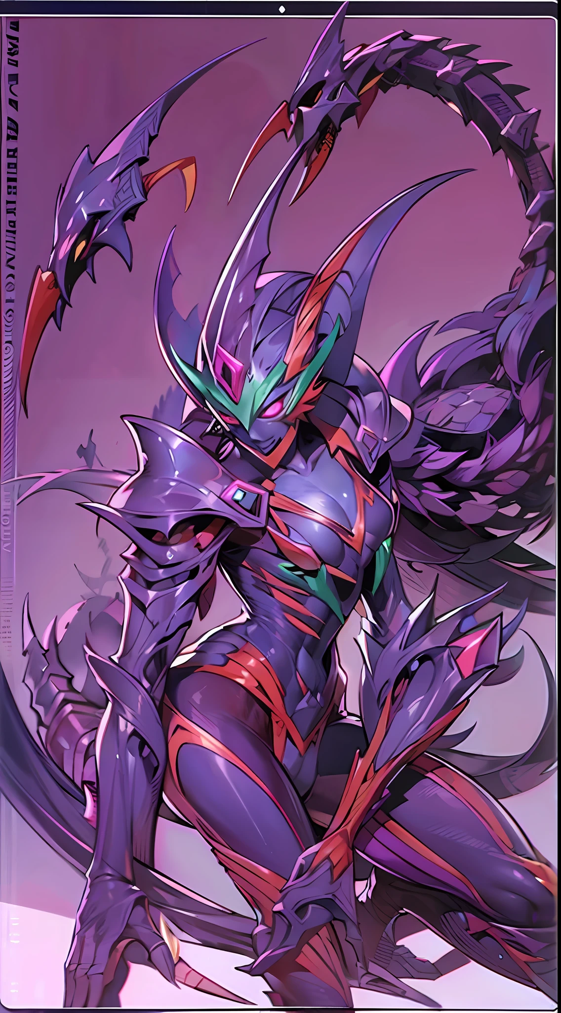 Female with purple and red hot insect shell、Guyver Style、evil smile、(masterpiece, :1.3),(top-quality:1.4)、tail、Cel Shade Adult Animation、Alien Queen、Full Body Art